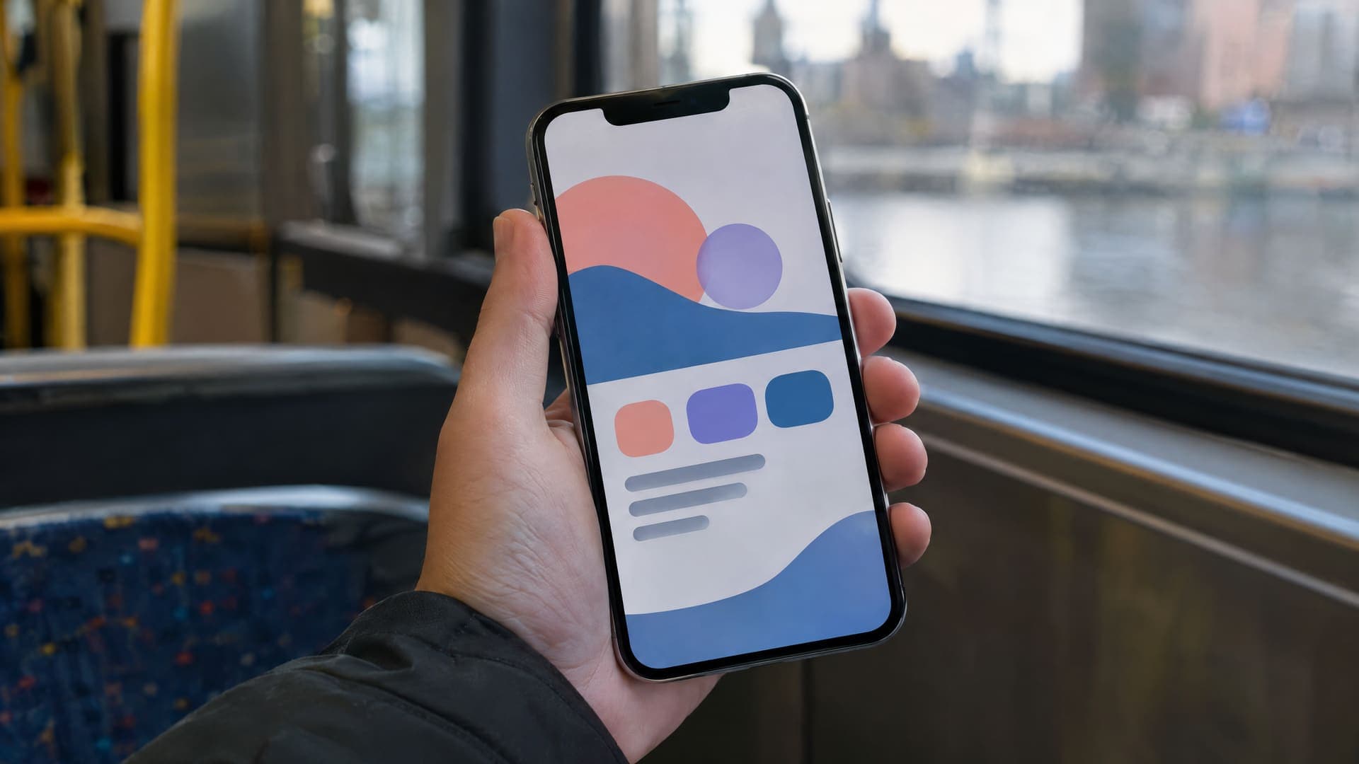 Hand hält ein Smartphone mit einer abstrakten Webseite in einer Straßenbahn, unscharfer Hintergrund mit Fenstern, kein Gesicht zu sehen
