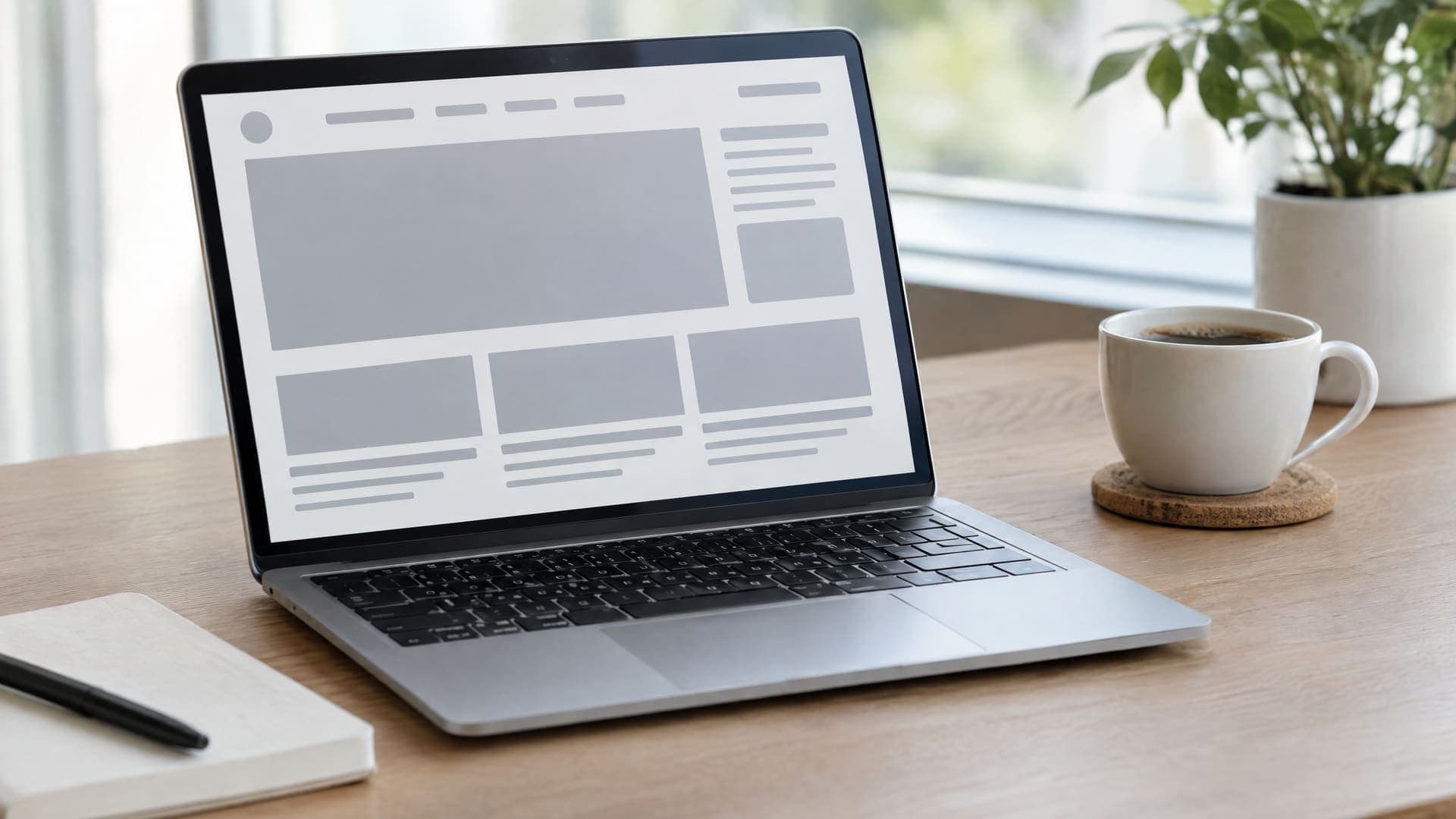 Laptop mit einer abstrakten Webseitenstruktur aus grauen Blöcken und Linien neben einer Kaffeetasse, Bildschirm ohne lesbare Zeichen
