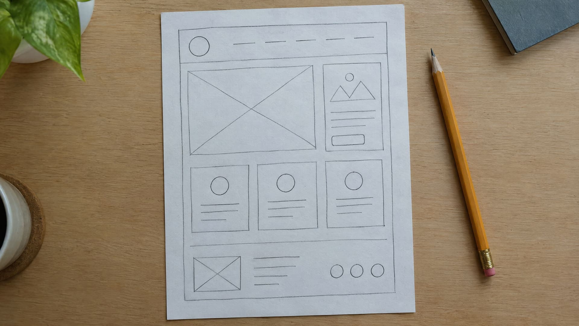Handgezeichneter Seitenentwurf aus Kästen und Linien auf Papier mit einem Bleistift auf einem Schreibtisch, keine lesbare Schrift