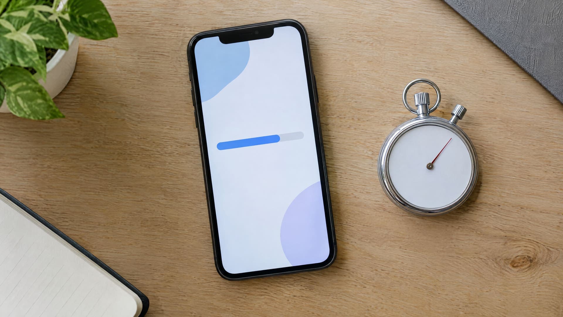 Smartphone mit einem abstrakten Ladebalken auf dem Bildschirm, liegend auf einem Schreibtisch neben einer Stoppuhr, keine Zahlen lesbar