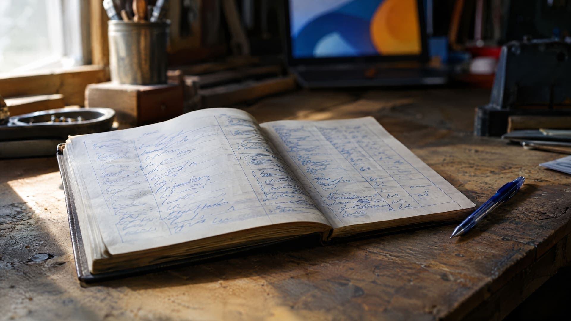 Aufgeschlagenes Auftragsbuch mit handschriftlichen, unleserlichen Zeilen auf einem Werkstattschreibtisch neben einem Kugelschreiber im Seitenlicht