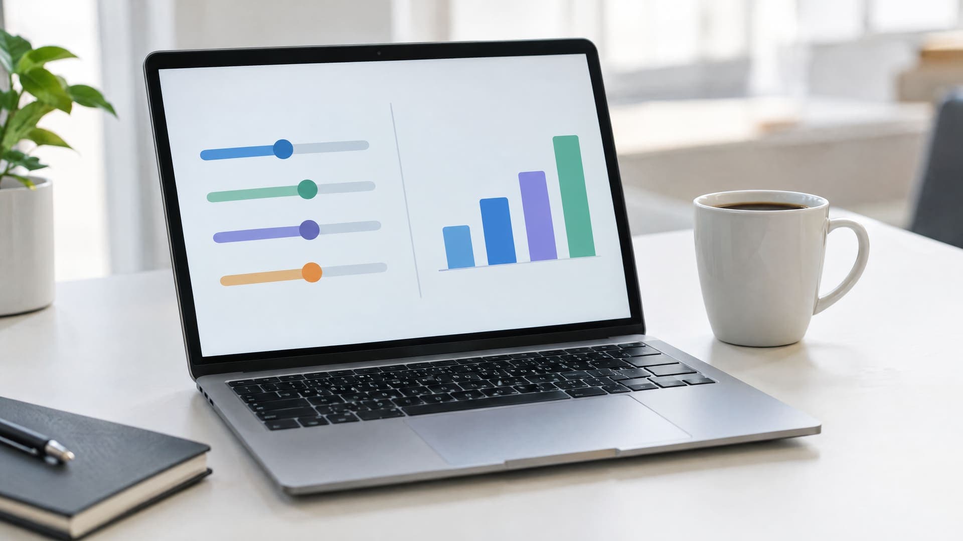 Laptop mit abstrakten Schiebereglern und einem Balkendiagramm neben einer Kaffeetasse auf einem hellen Schreibtisch, Bildschirm ohne lesbare Zeichen