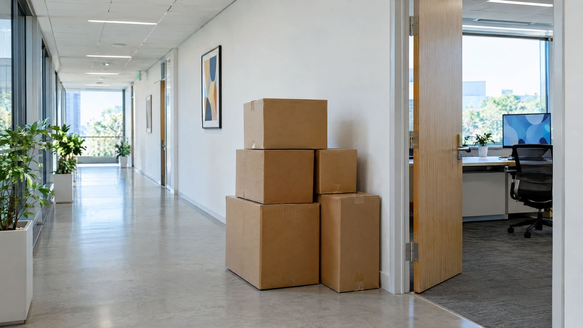 Gestapelte Umzugskartons ohne Beschriftung in einem hellen Büroflur neben einer offenen Tür, Tageslicht, niemand zu sehen