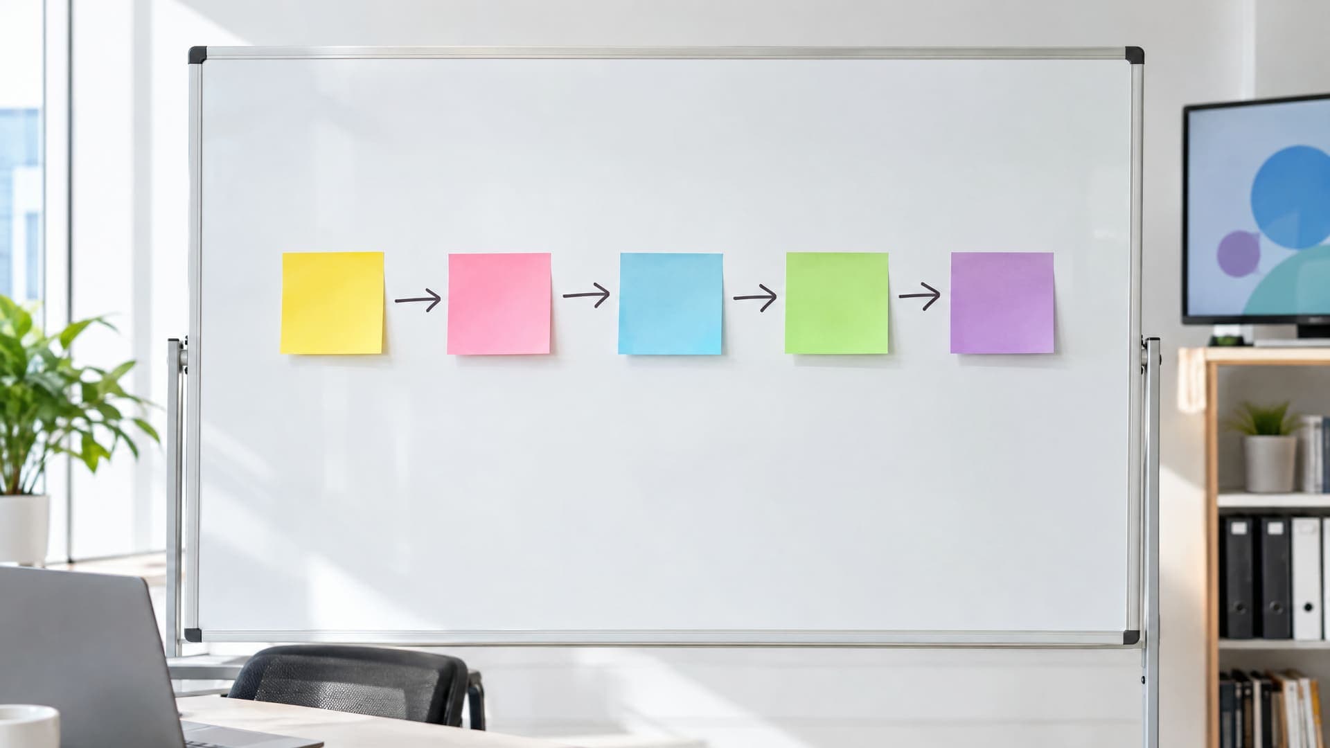 Weißes Whiteboard mit fünf leeren Haftnotizen in einer Reihe, durch handgezeichnete Pfeile verbunden, in einem hellen Büro, keine Schrift