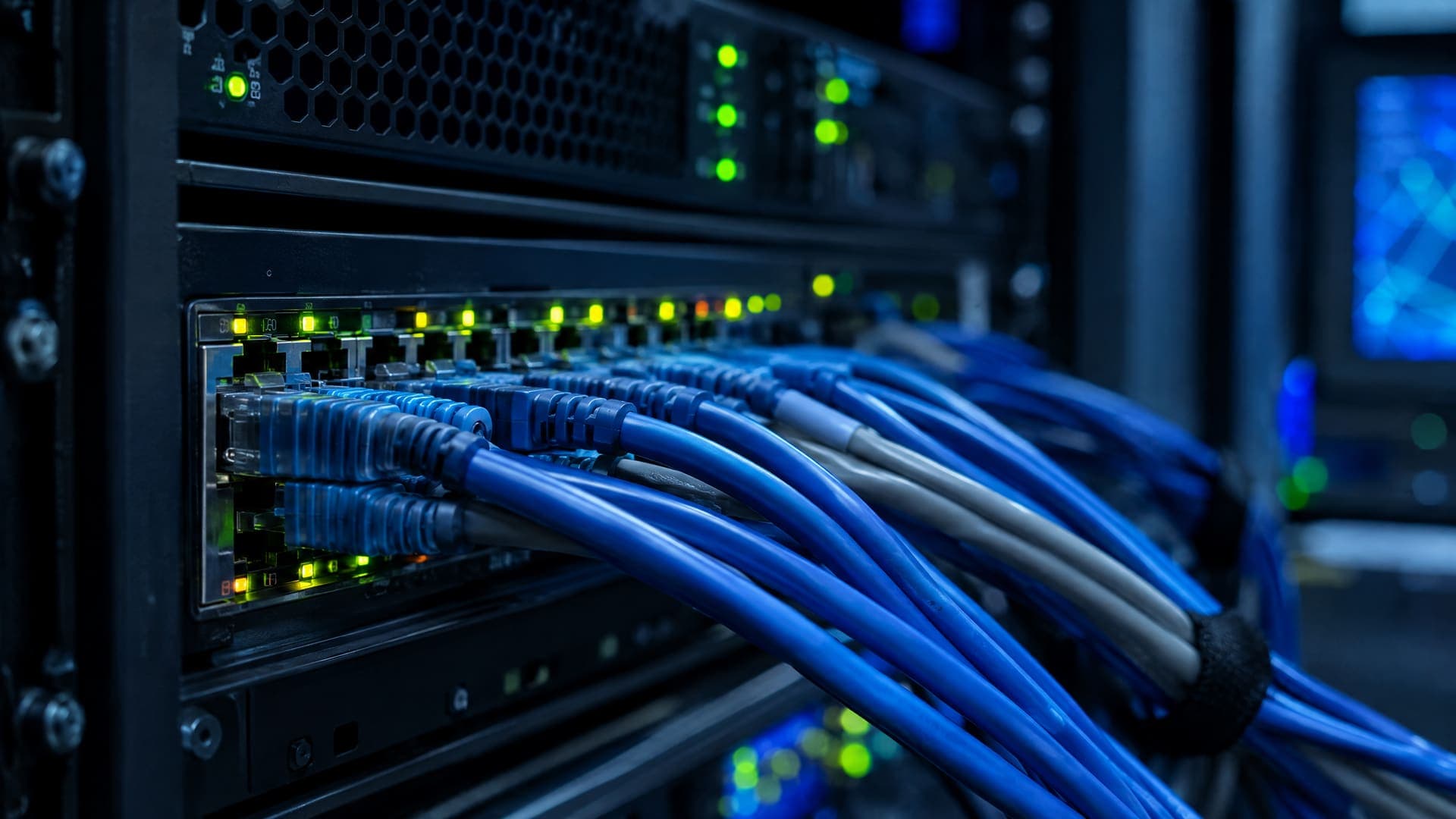 Nahaufnahme von Netzwerkkabeln in einem Serverschrank mit blinkenden Anzeigen im gedämpften Licht, keine Beschriftung