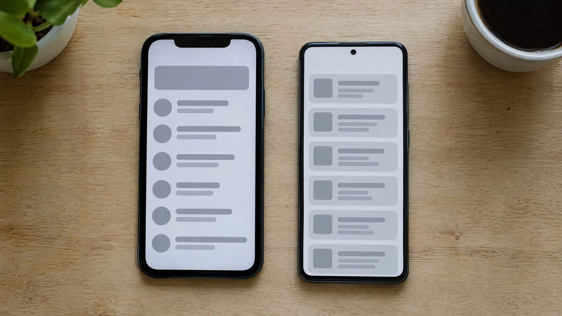 Zwei Smartphones nebeneinander auf einem Tisch, die unterschiedliche abstrakte Ergebnislisten aus grauen Balken zeigen, keine lesbare Schrift