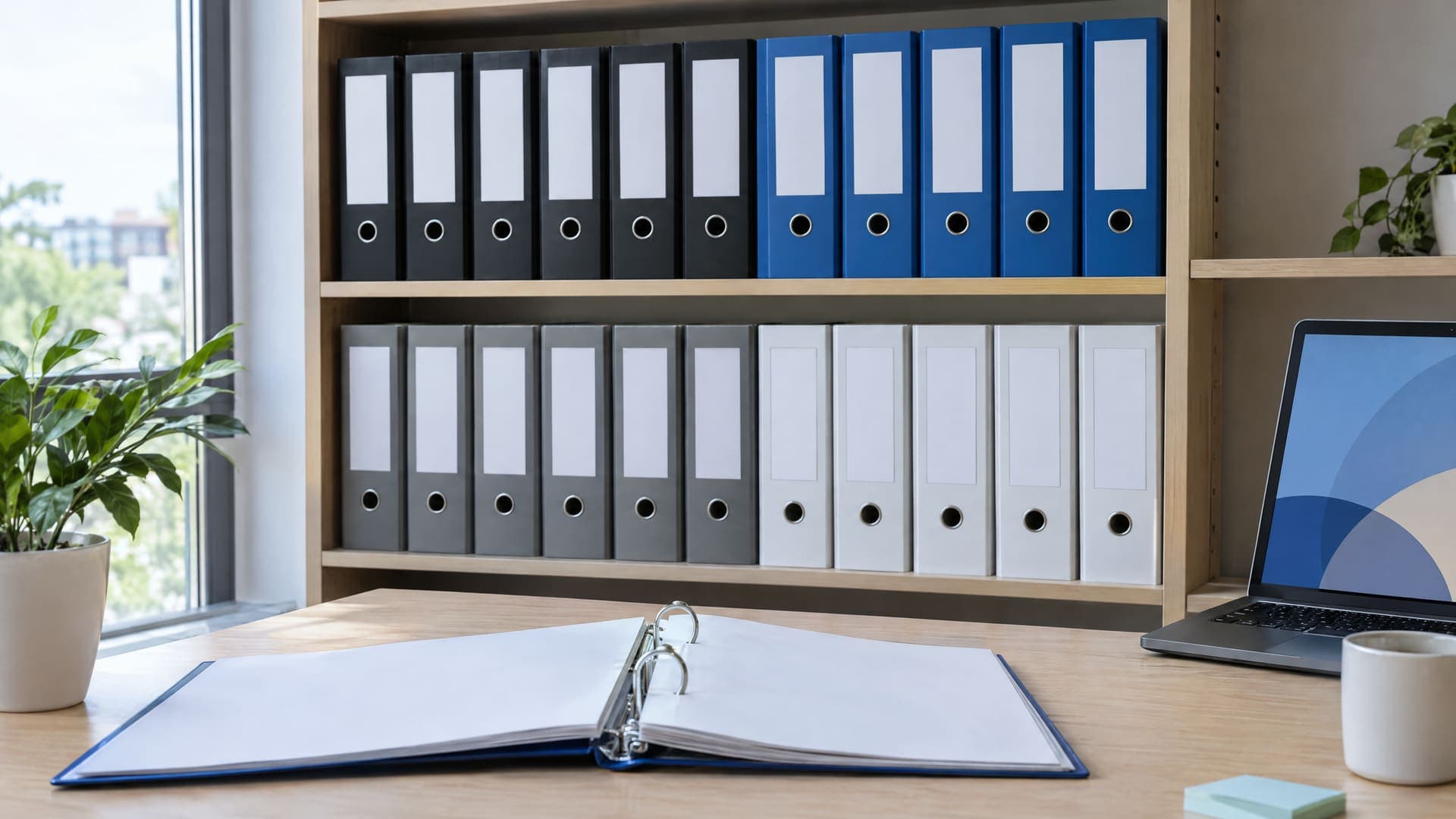 Regal im Büro mit beschrifteten, aber unleserlichen Ordnern in zwei Reihen und einem aufgeschlagenen Ordner auf dem Tisch davor, Tageslicht