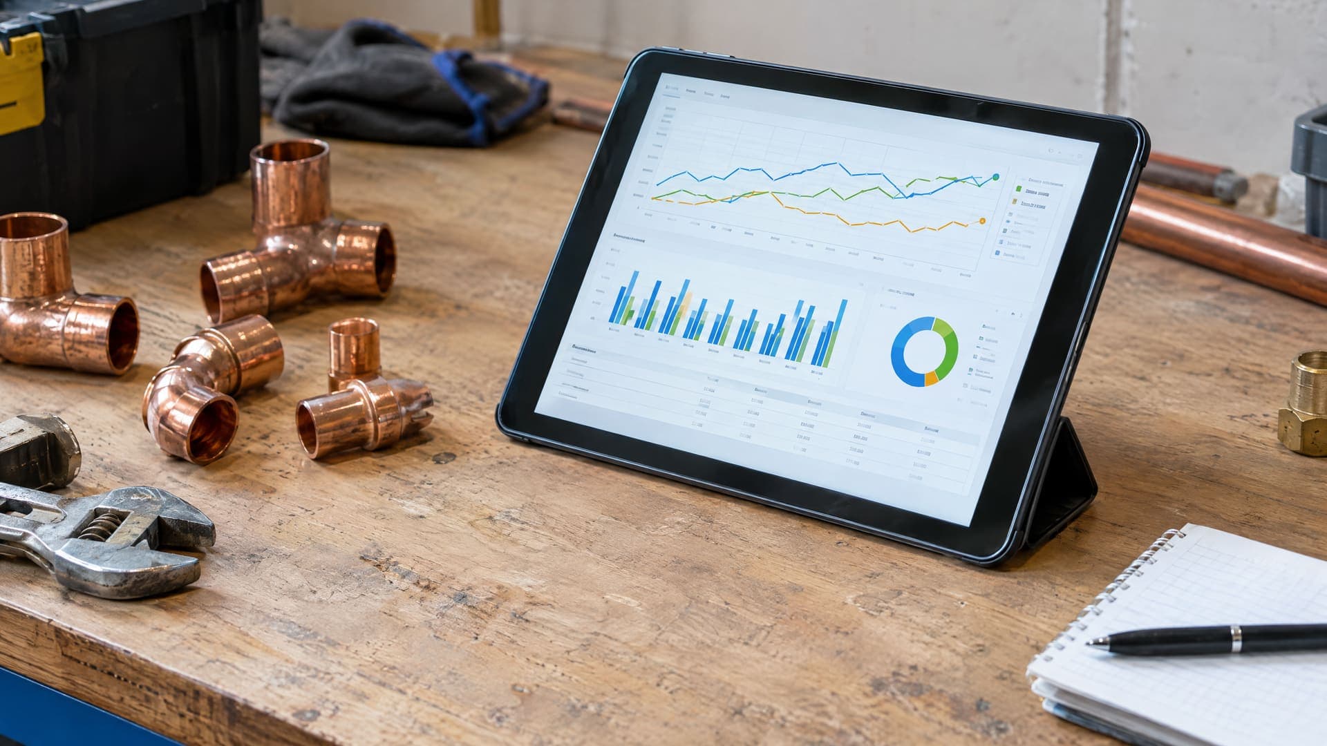 Tablet mit einem Dashboard aus Linien- und Balkendiagrammen auf einer Werkbank neben Kupferfittings, Text unleserlich
