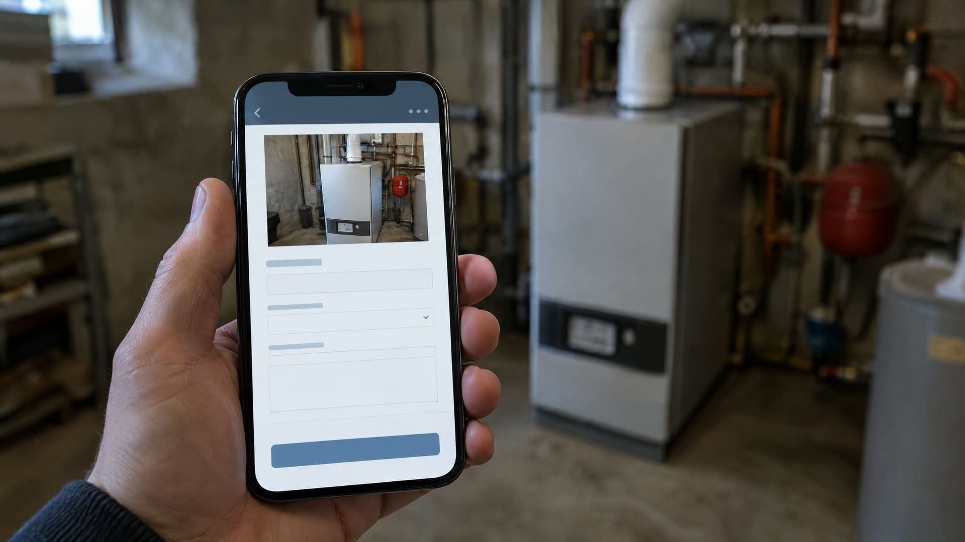 Hand hält ein Smartphone mit einem abstrakten Anfrageformular, in dem ein Foto eines Heizkessels hochgeladen ist, unscharf ein Heizungskeller im Hintergrund