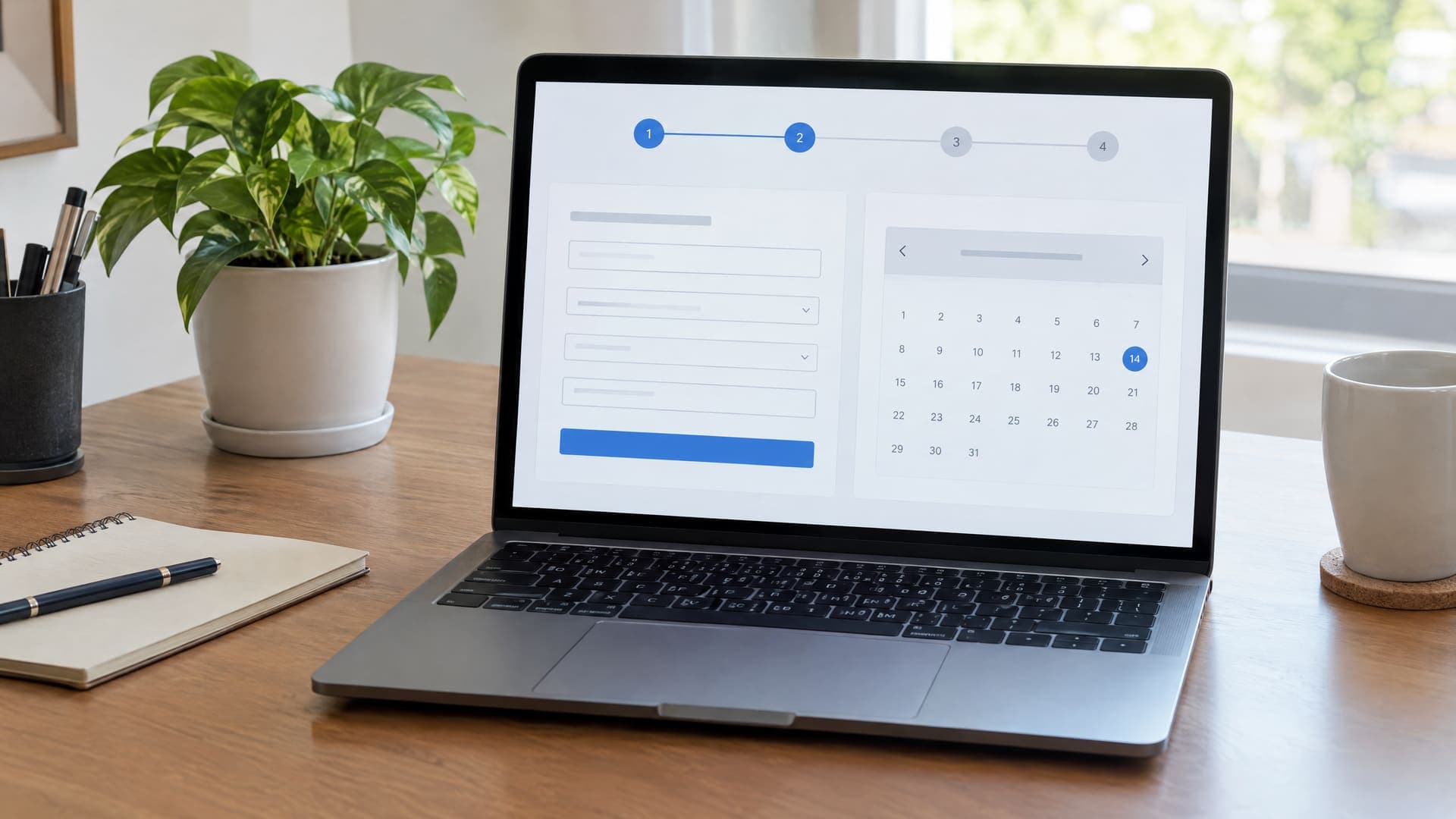 Laptop auf einem aufgeräumten Schreibtisch mit einem mehrstufigen Anfrageformular und einem Kalender zur Terminwahl, daneben eine Pflanze, Text unleserlich