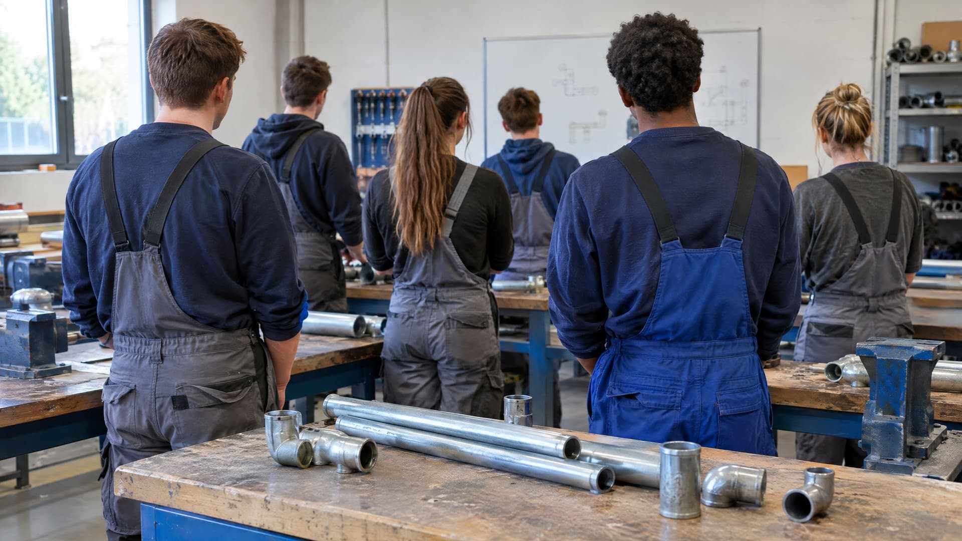 Gruppe junger Menschen in Arbeitskleidung von hinten in einer Lehrwerkstatt mit Rohrstücken und Fittings auf Werkbänken, Gesichter nicht sichtbar