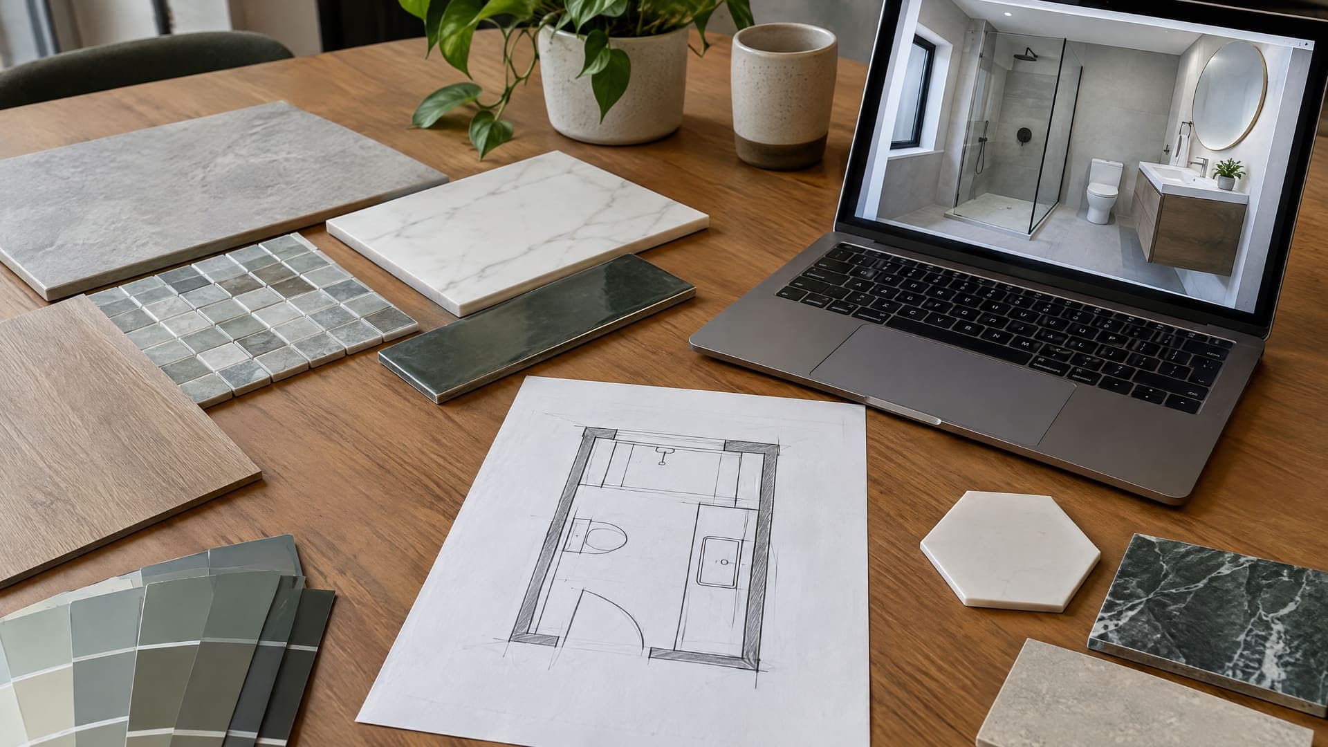Fliesenmuster und ein handgezeichneter Bad-Grundriss auf einem Tisch neben einem Laptop mit einer Bad-Visualisierung, Plan unleserlich, keine Personen