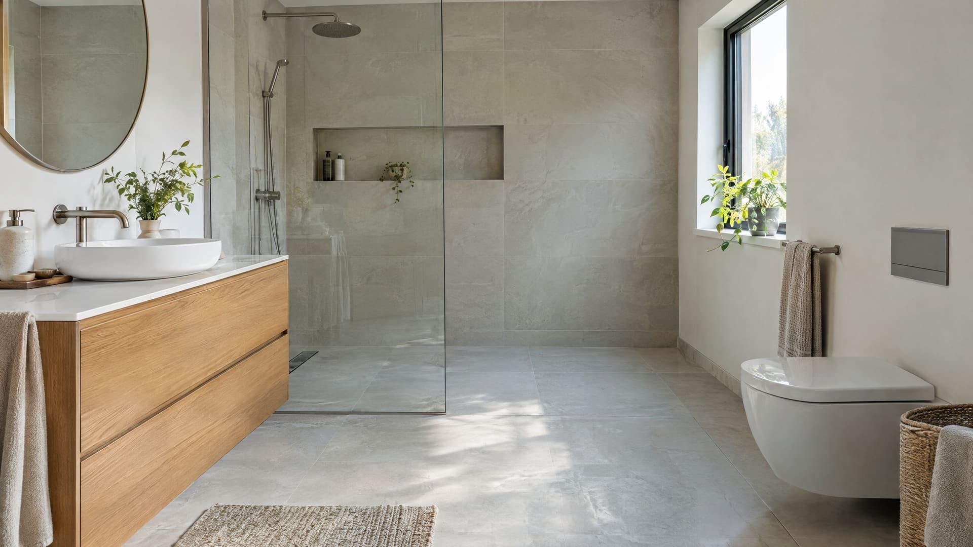 Modernes helles Bad mit bodengleicher Dusche, Waschtischunterschrank aus Holz und großformatigen Fliesen im weichen Tageslicht, keine Personen