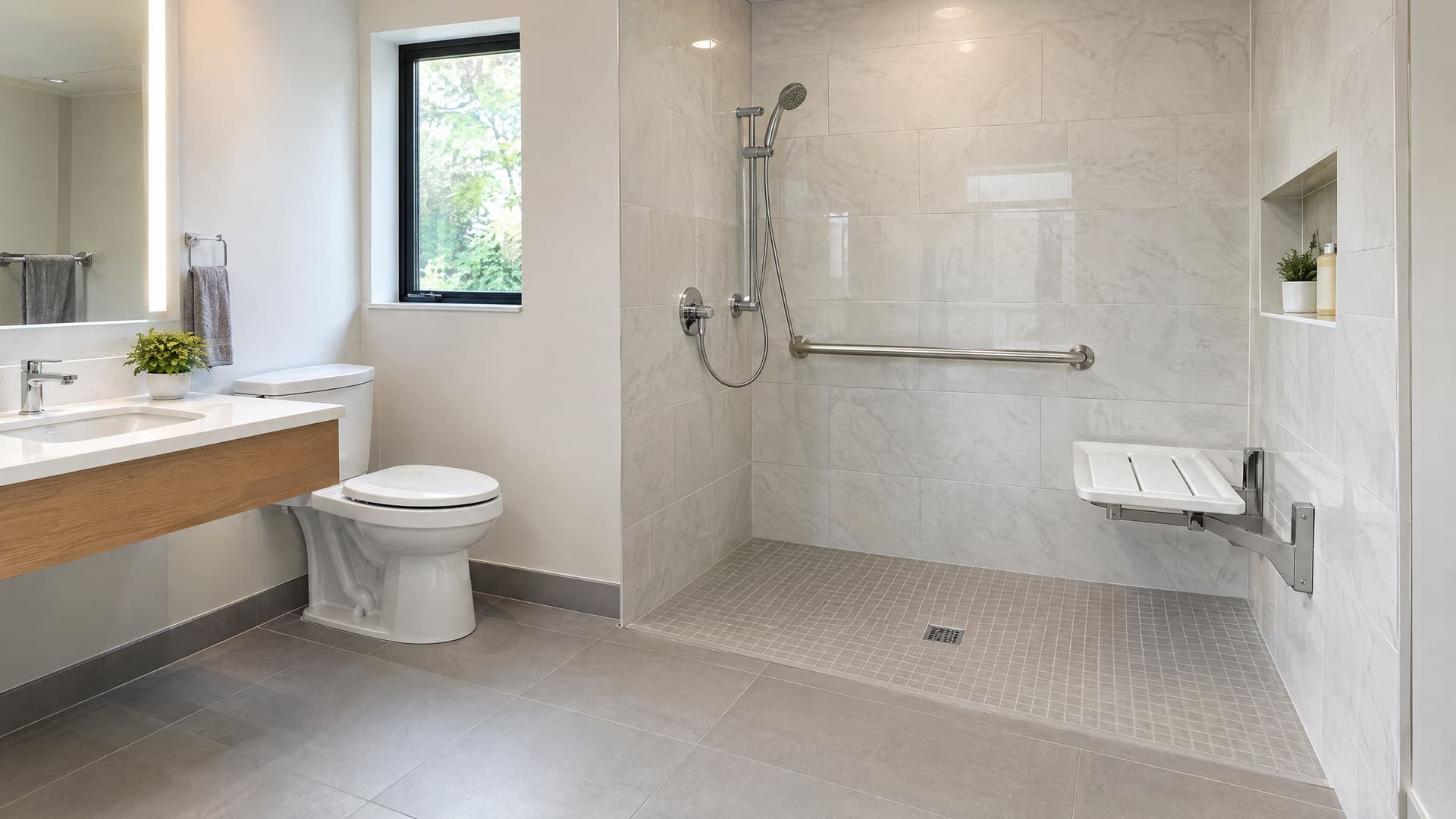 Barrierefreies Bad mit bodengleicher Dusche, Wandhaltegriff und Klappsitz, hell und sauber, keine Personen