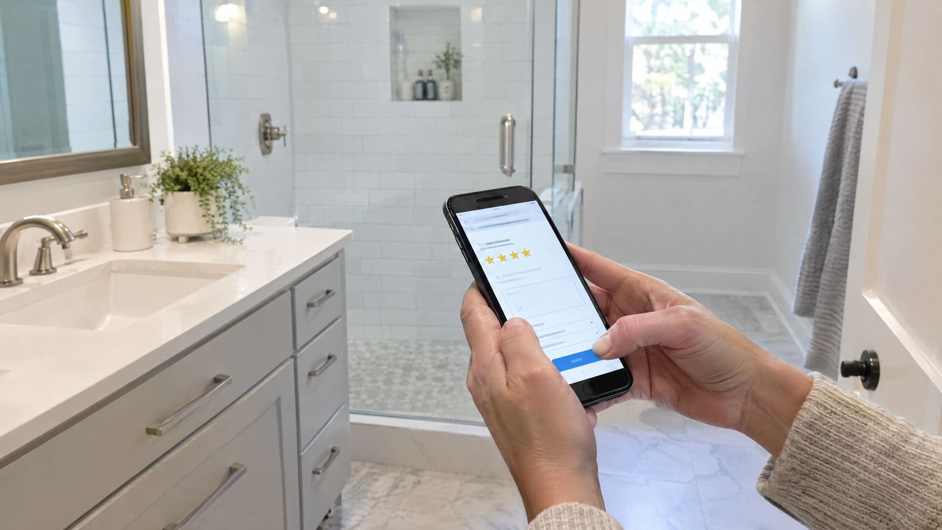 Hände halten ein Smartphone mit einem Bewertungsformular mit Sternen in einem frisch renovierten hellen Bad, Gesichter nicht sichtbar