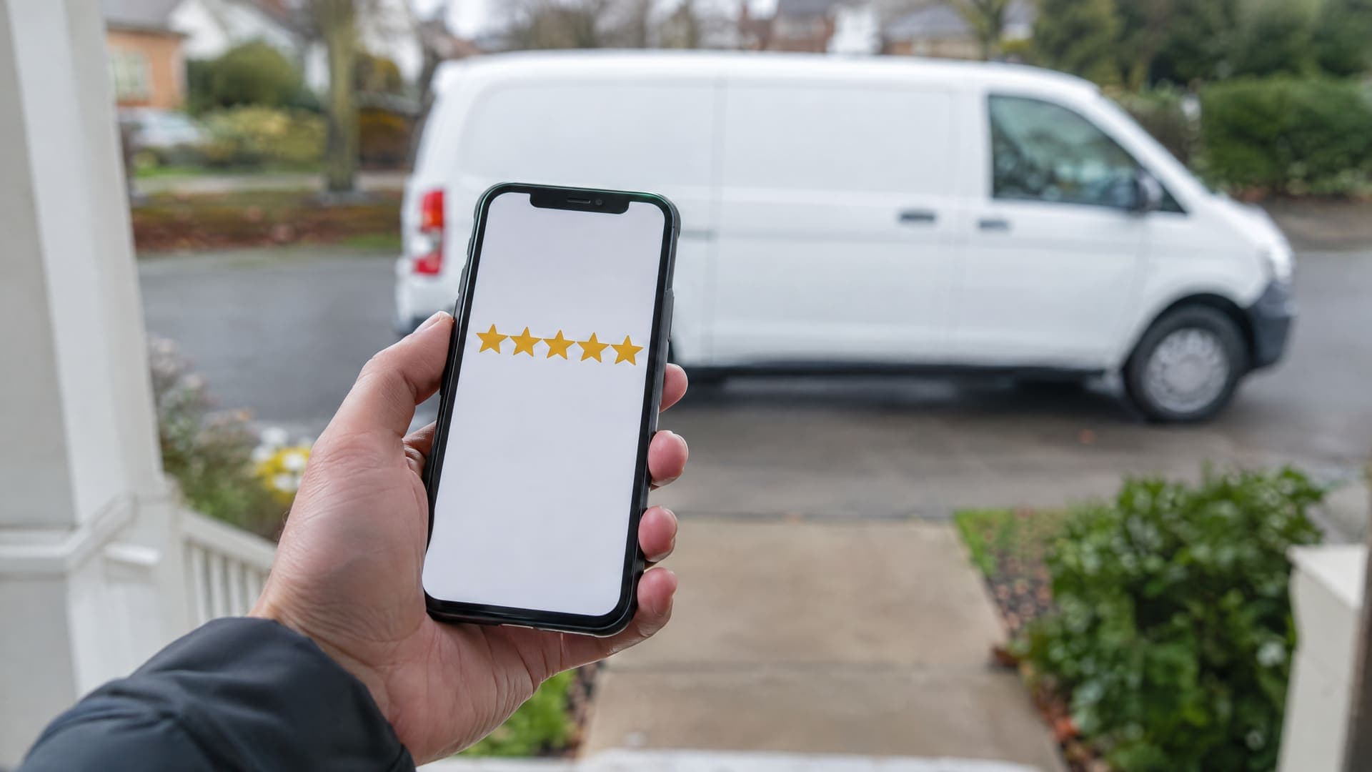 Hand hält ein Smartphone mit einer Fünf-Sterne-Bewertung vor einer Haustür, im unscharfen Hintergrund ein weißer Servicewagen ohne Beschriftung
