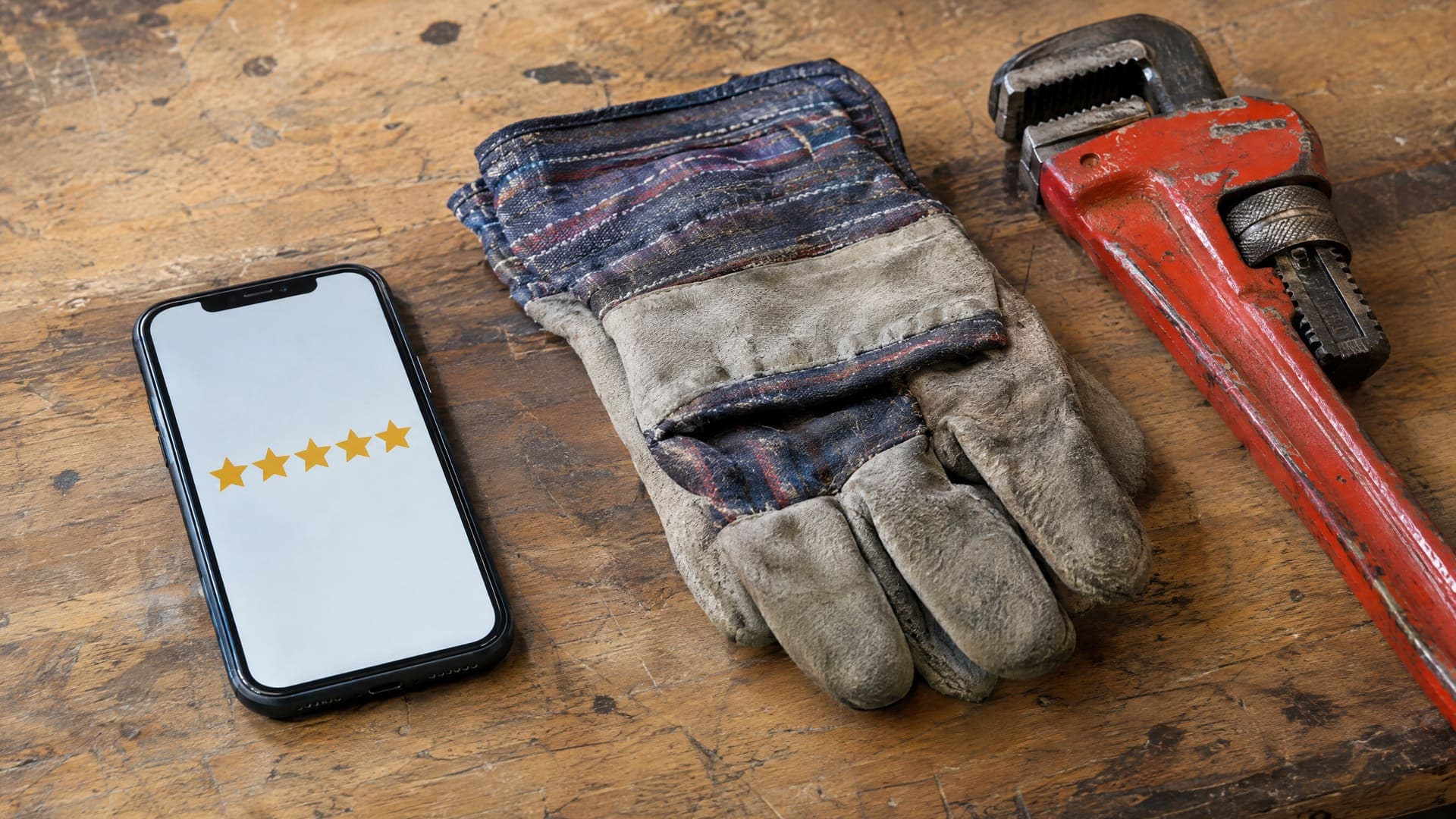 Smartphone mit fünf goldenen Sternen einer Bewertung neben einem Paar Arbeitshandschuhen und einer Rohrzange auf einer Holzbank
