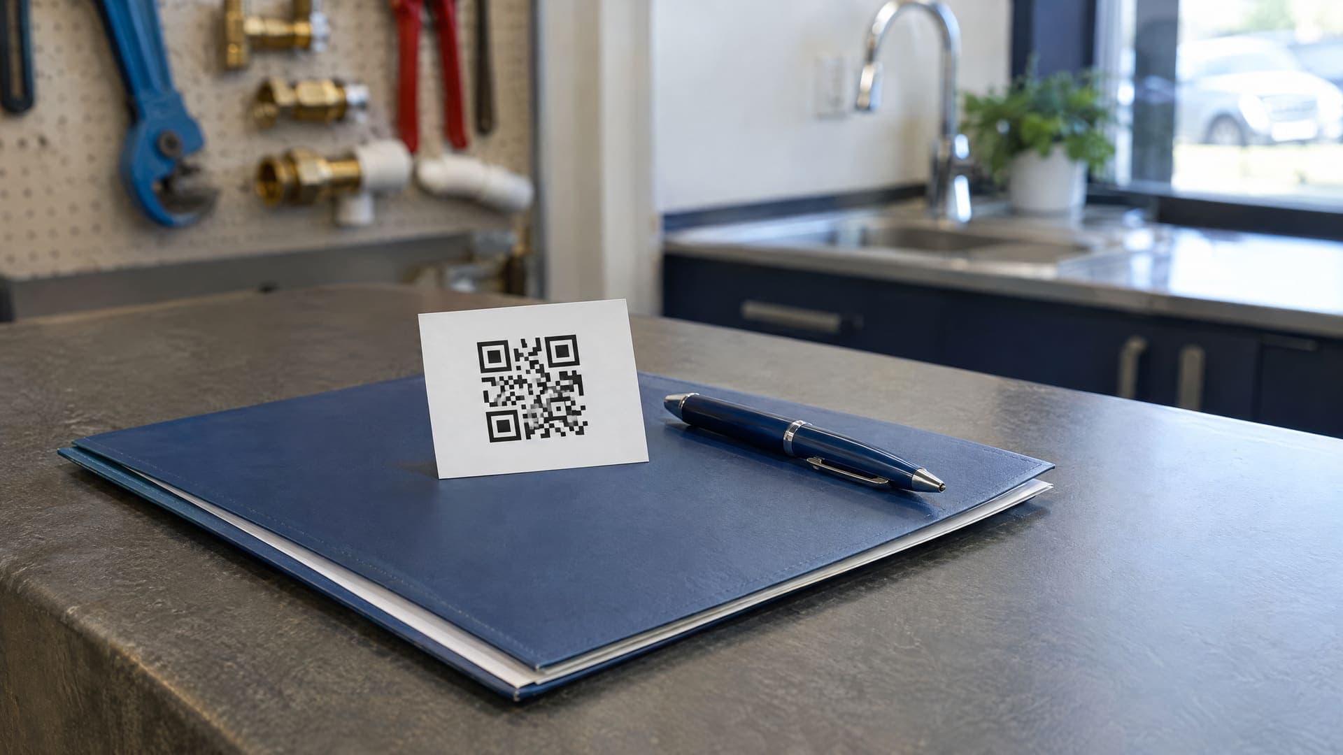 Kleine Karte mit abstraktem QR-Code, die an einer Rechnungsmappe auf der Servicetheke eines Sanitärbetriebs lehnt, daneben ein Stift