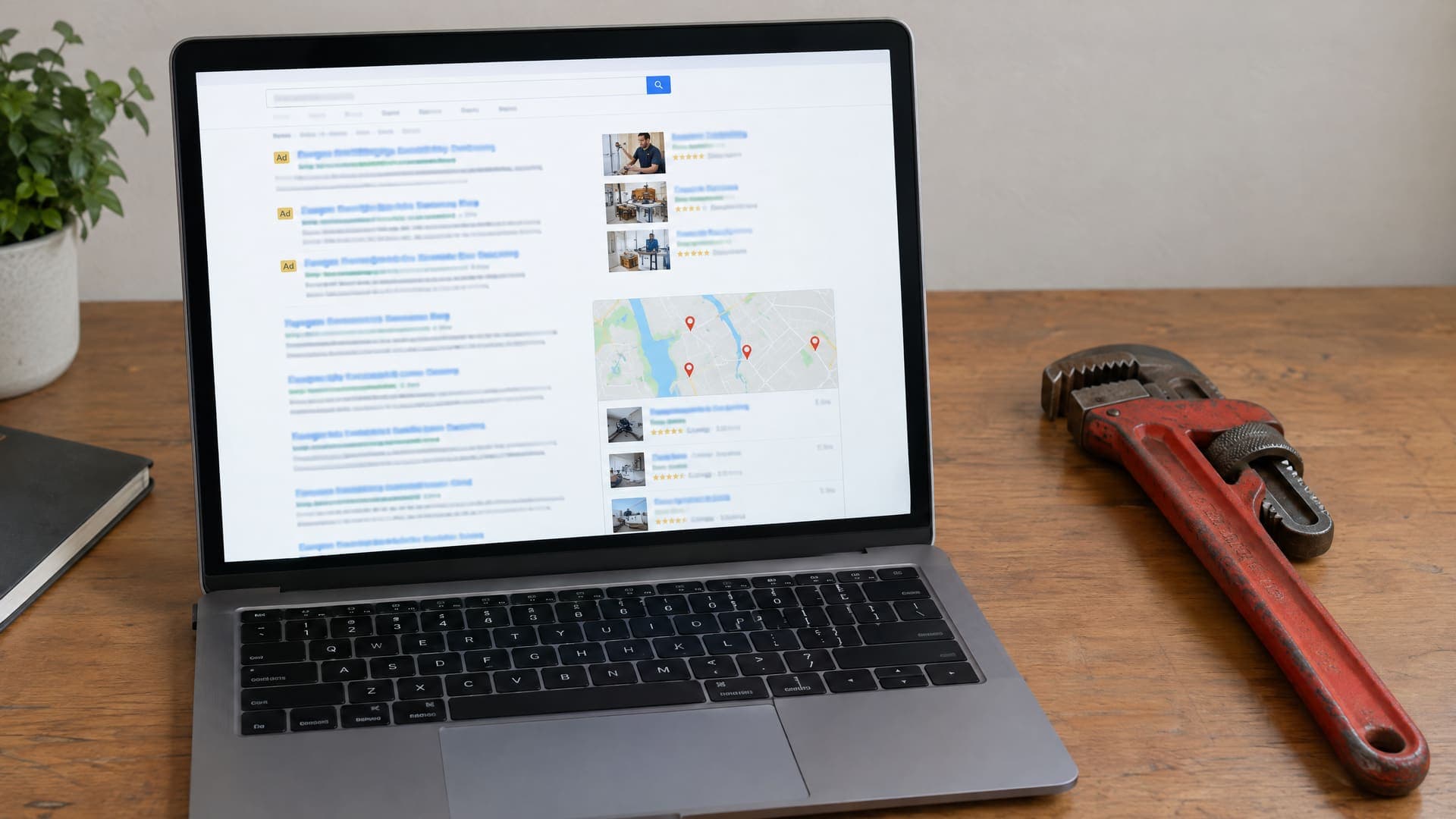 Laptop mit einer Google-Suchergebnisseite mit Anzeigen oben und Karte, daneben eine Rohrzange auf einem Schreibtisch, Text unleserlich