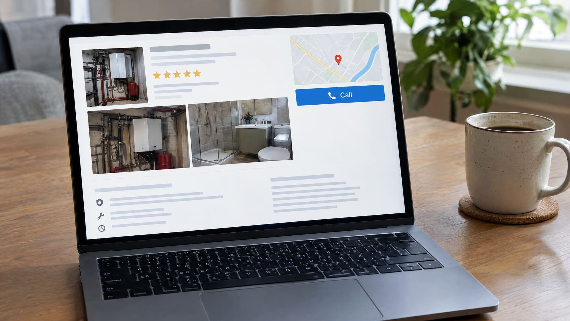 Laptop mit einem Unternehmensprofil aus Kartenausschnitt, Fotostreifen eines Heizungsraums und eines Bades, goldenen Sternen und Anruf-Button, Text unleserlich, daneben eine Kaffeetasse