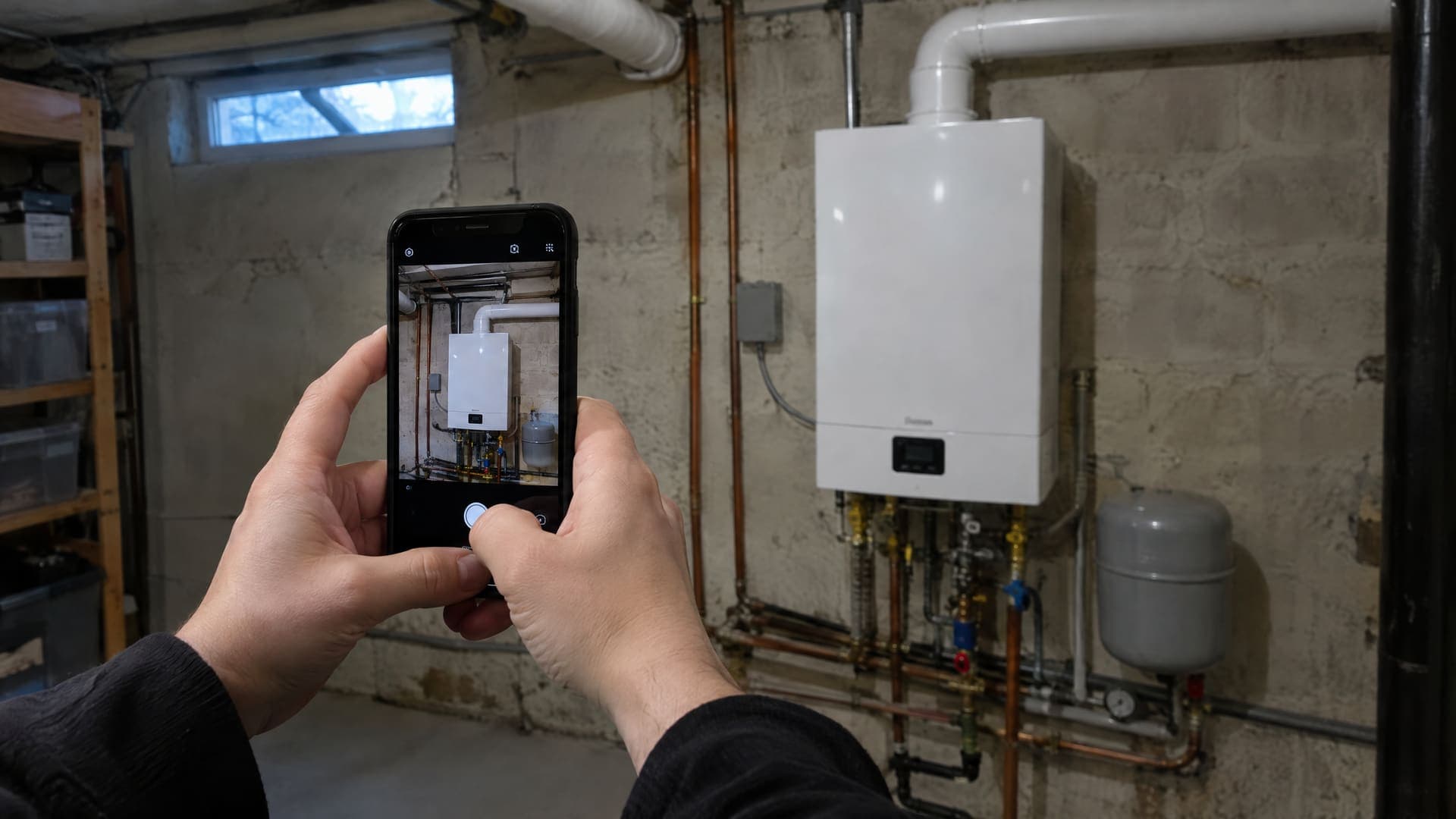 Hände halten ein Smartphone, um einen wandhängenden Gaskessel in einem Keller zu fotografieren, Gesicht nicht sichtbar, ohne erkennbare Markenlogos