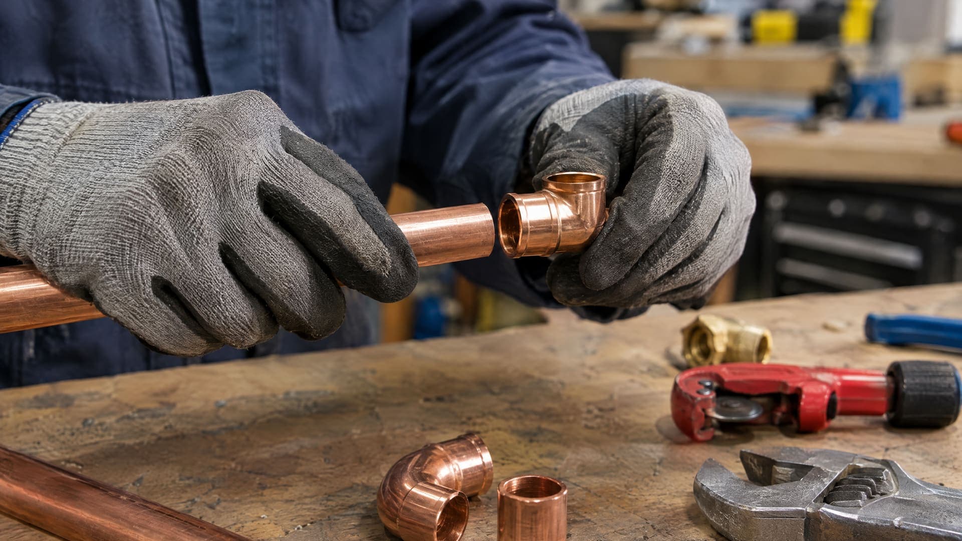 Nahaufnahme der Hände eines Installateurs in Arbeitshandschuhen, die ein Kupferrohr-Fitting an einer Werkbank montieren, Werkzeug unscharf im Hintergrund