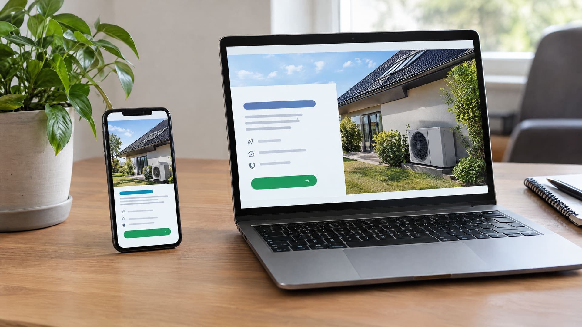 Smartphone und Laptop zeigen dieselbe Landingpage für ein Wärmepumpen-Angebot mit einem Foto eines Hauses und einem Anfrage-Button, auf einem Schreibtisch mit Pflanze, Text unleserlich