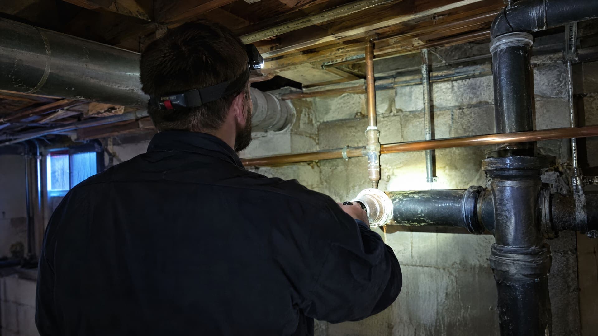 Installateur von hinten mit Stirnlampe prüft im Keller Rohrleitungen im Lichtkegel einer Taschenlampe, Gesicht nicht sichtbar