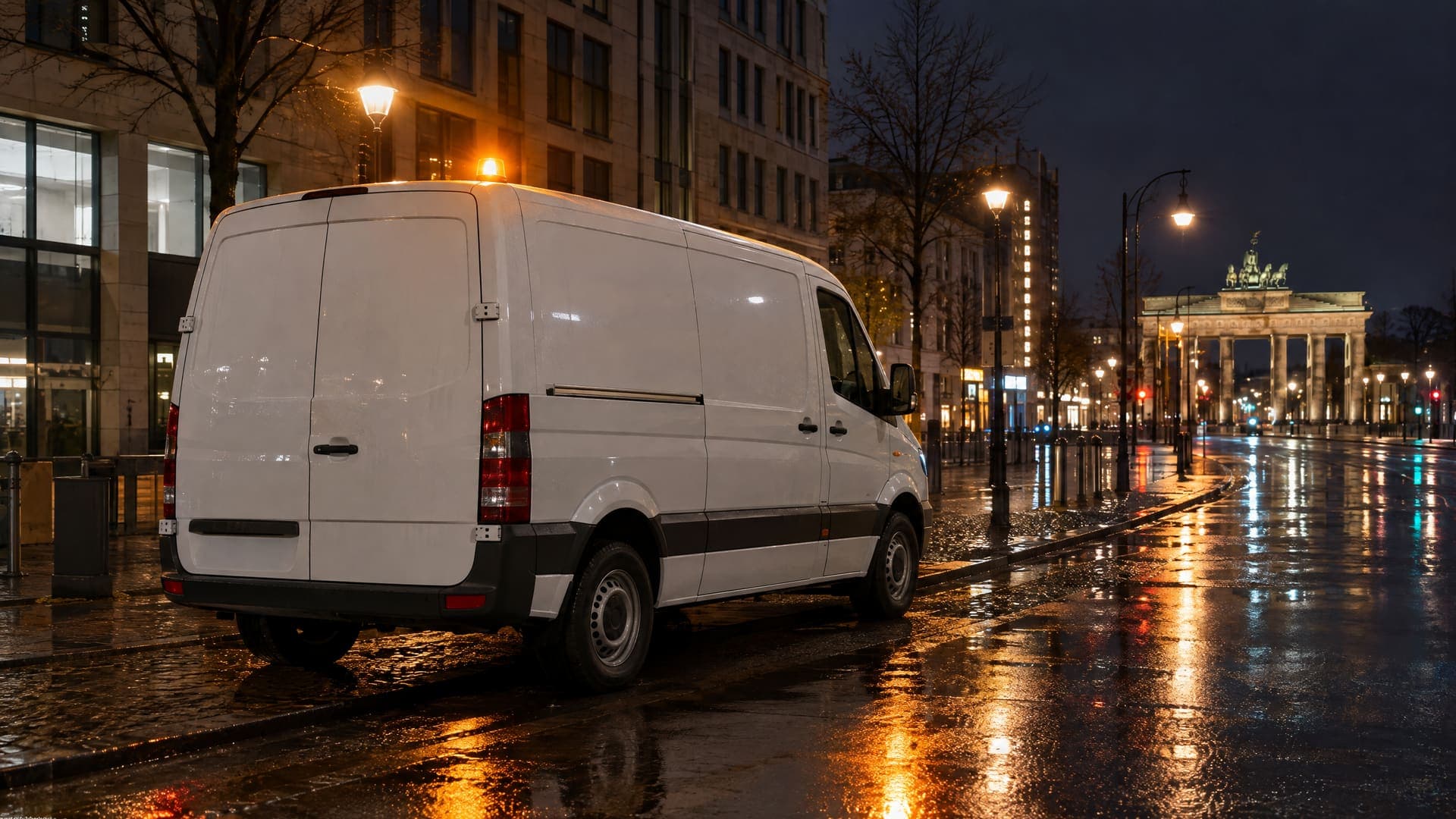 Weißer Servicewagen ohne Beschriftung parkt nachts auf einer nassen Berliner Straße, ein Warnlicht leuchtet orange, Straßenlaternen spiegeln sich, keine Personen