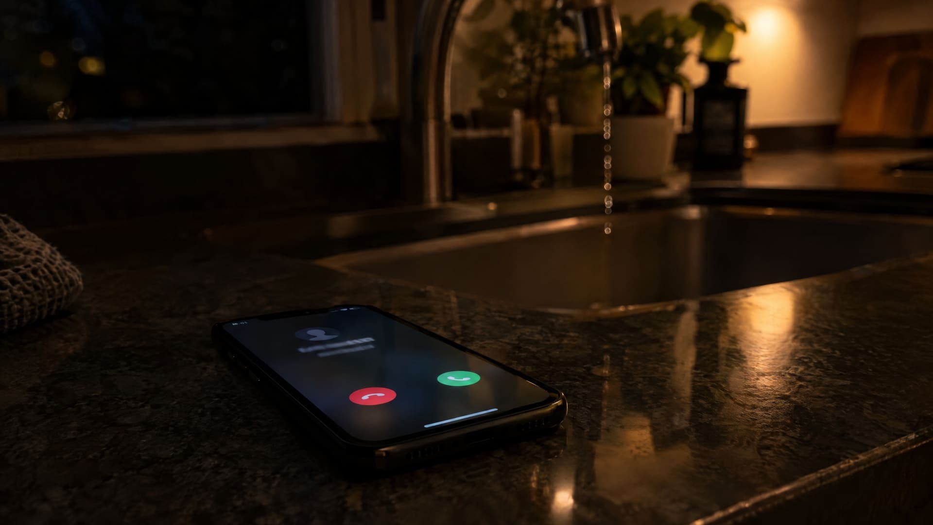 Smartphone liegt nachts auf einer dunklen Küchenarbeitsplatte mit leuchtendem Anrufbildschirm, im unscharfen Hintergrund tropft ein Wasserhahn, warmes gedämpftes Licht