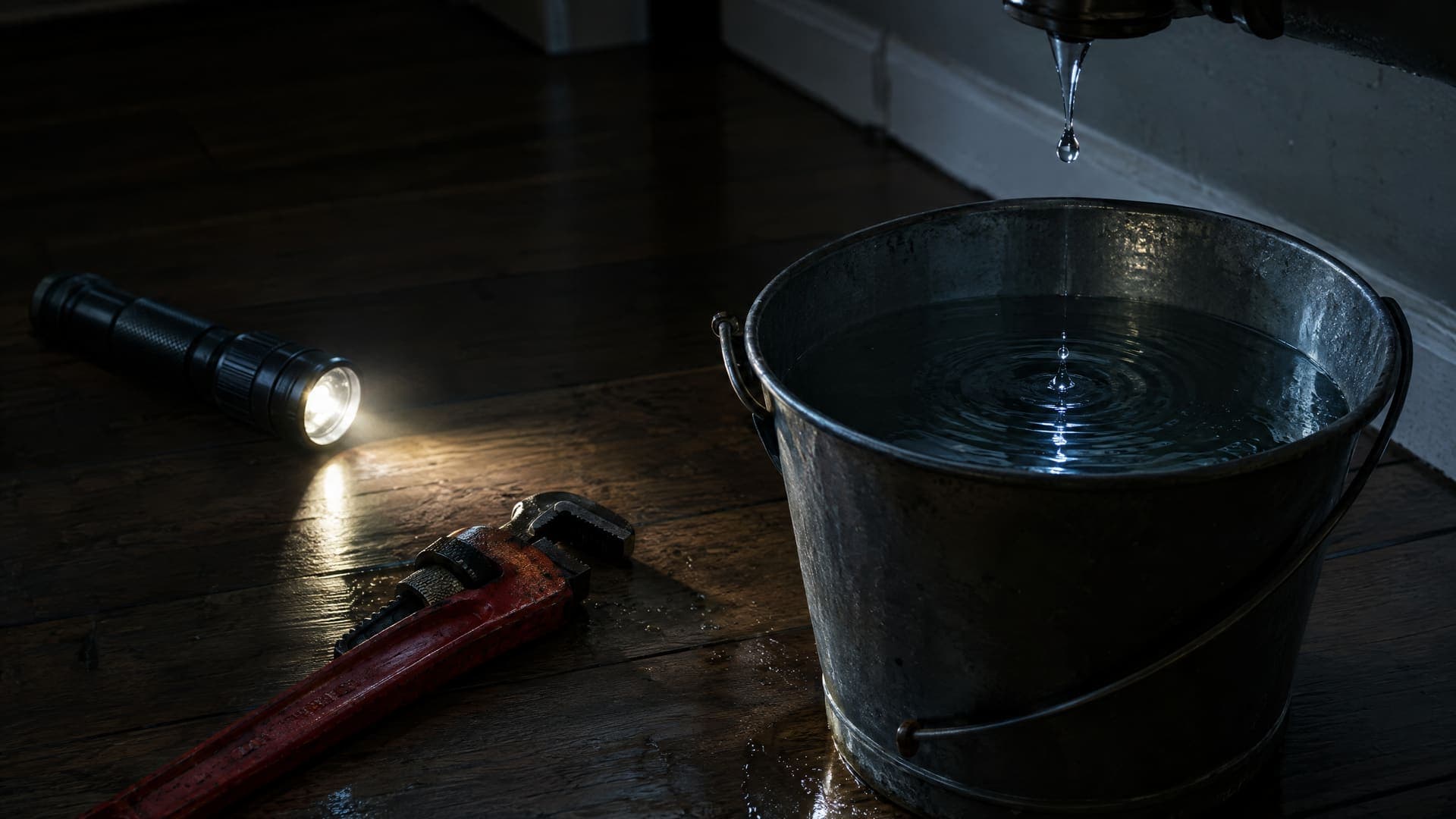 Taschenlampe, Rohrzange und ein Eimer, in den ein Wassertropfen fällt, auf einem dunklen Holzboden
