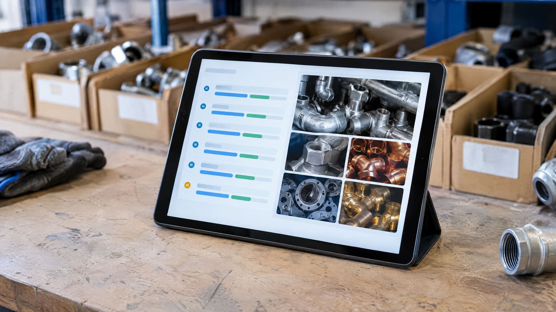 Tablet auf der Theke einer Werkstatt mit einem abstrakten Wochen-Öffnungszeitenplan und Fotoraster, unscharf Kisten mit Rohrverbindern im Hintergrund