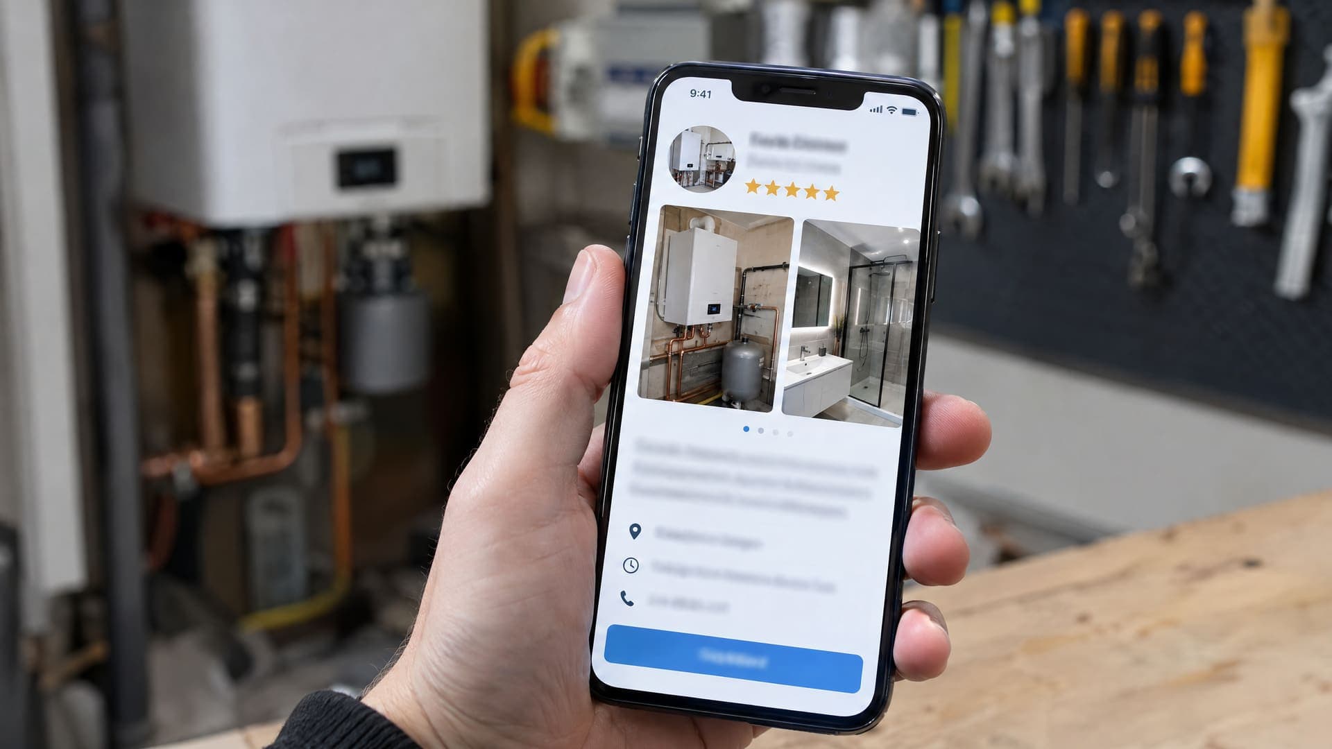 Hand hält ein Smartphone mit einem Unternehmensprofil, Foto-Karussell einer Heizungsinstallation und eines modernen Bades und goldenen Sternen, Werkstatt unscharf im Hintergrund