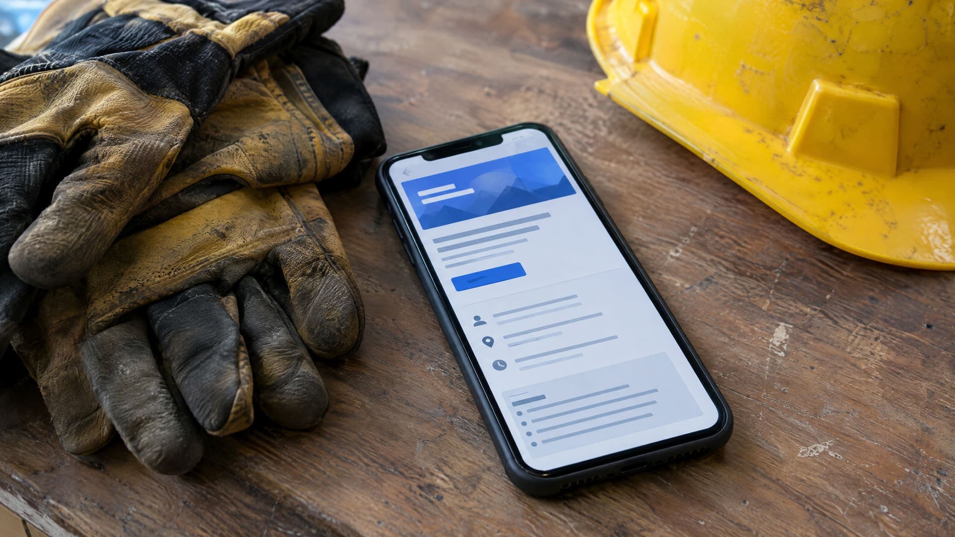 Smartphone mit einer abstrakten Stellenanzeigen-Seite neben Arbeitshandschuhen und einem Schutzhelm auf einer Werkbank, Text unleserlich