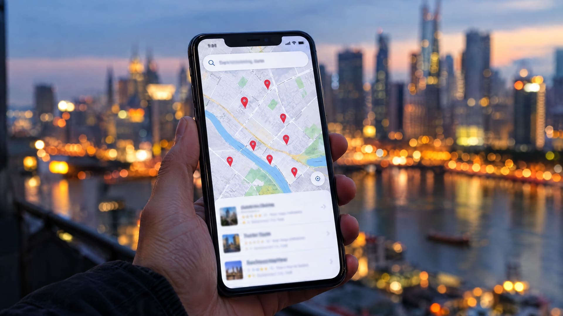 Hand hält ein Smartphone mit Kartensuche und mehreren roten Markierungen, im Hintergrund unscharf die Abendlichter der Stadt