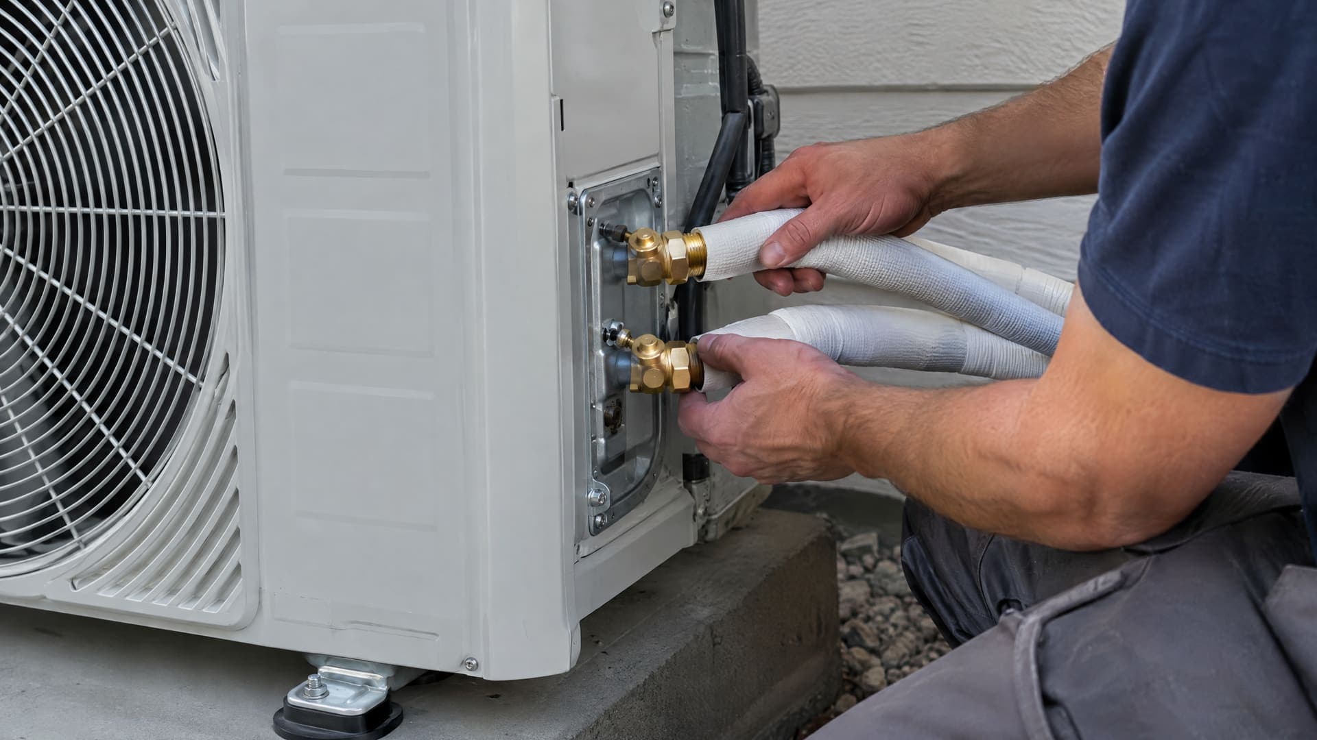 Hände eines Installateurs schließen gedämmte Leitungen an ein Wärmepumpen-Außengerät an