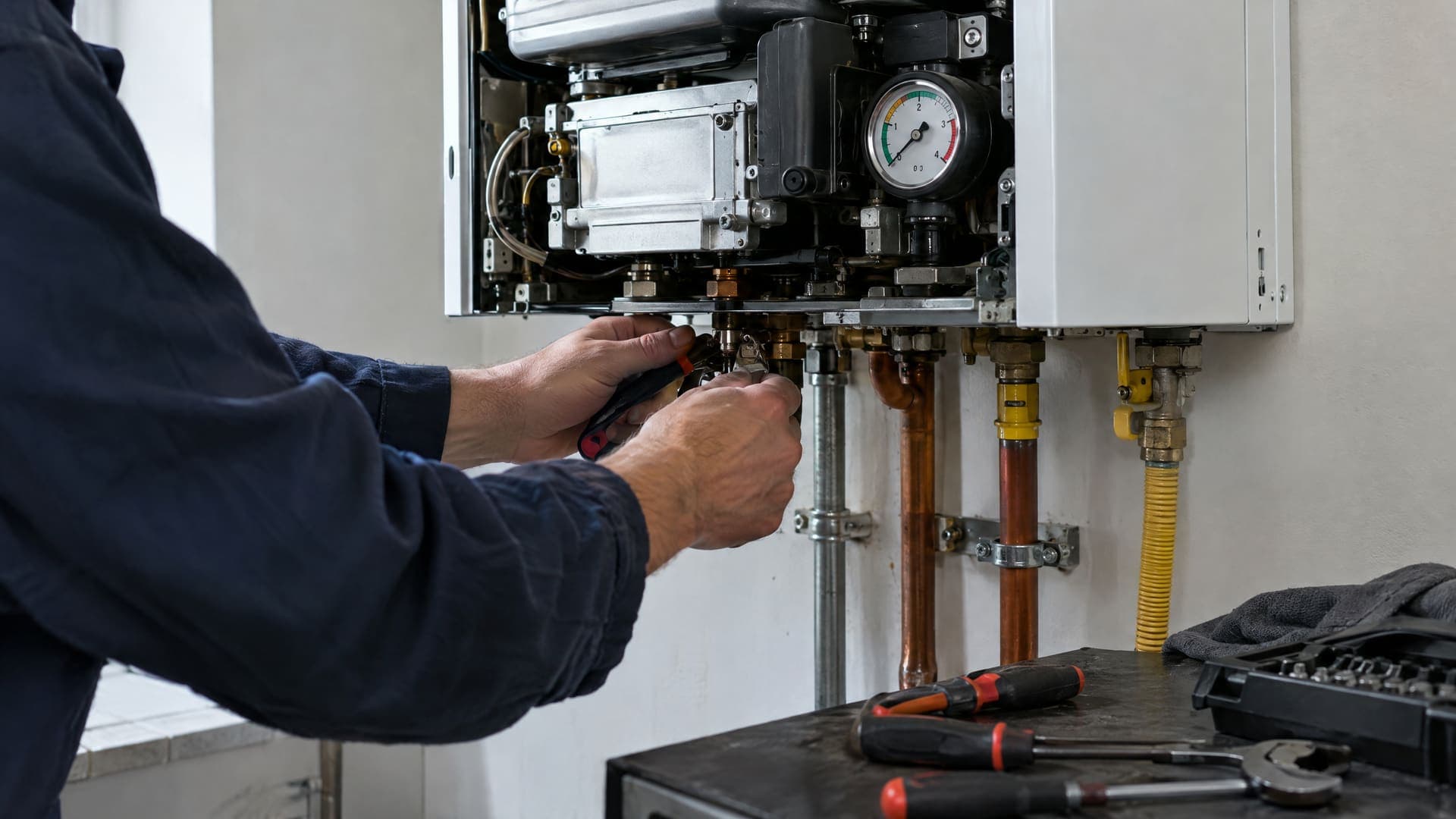 Hände eines Technikers warten einen wandhängenden Gaskessel, ein Manometer ist sichtbar, Werkzeug liegt bereit, Gesicht nicht sichtbar, ohne Logos