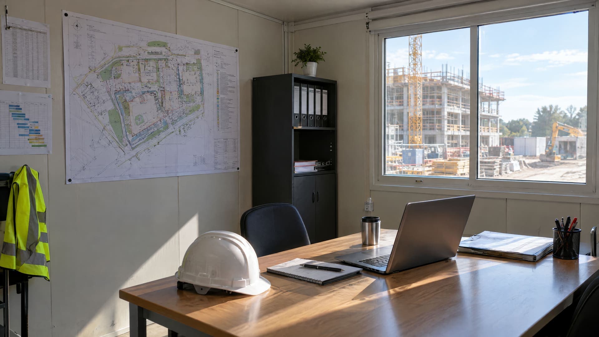 Büro in einem Baucontainer mit Lageplan an der Wand, Bauhelm und Laptop, durch das Fenster eine Baustelle