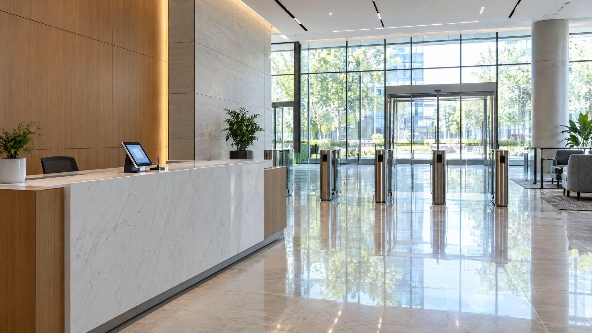 Moderne Bürogebäude-Lobby mit leerem Empfangstresen, Drehkreuzen, spiegelndem Boden und Tablet für die Besucheranmeldung