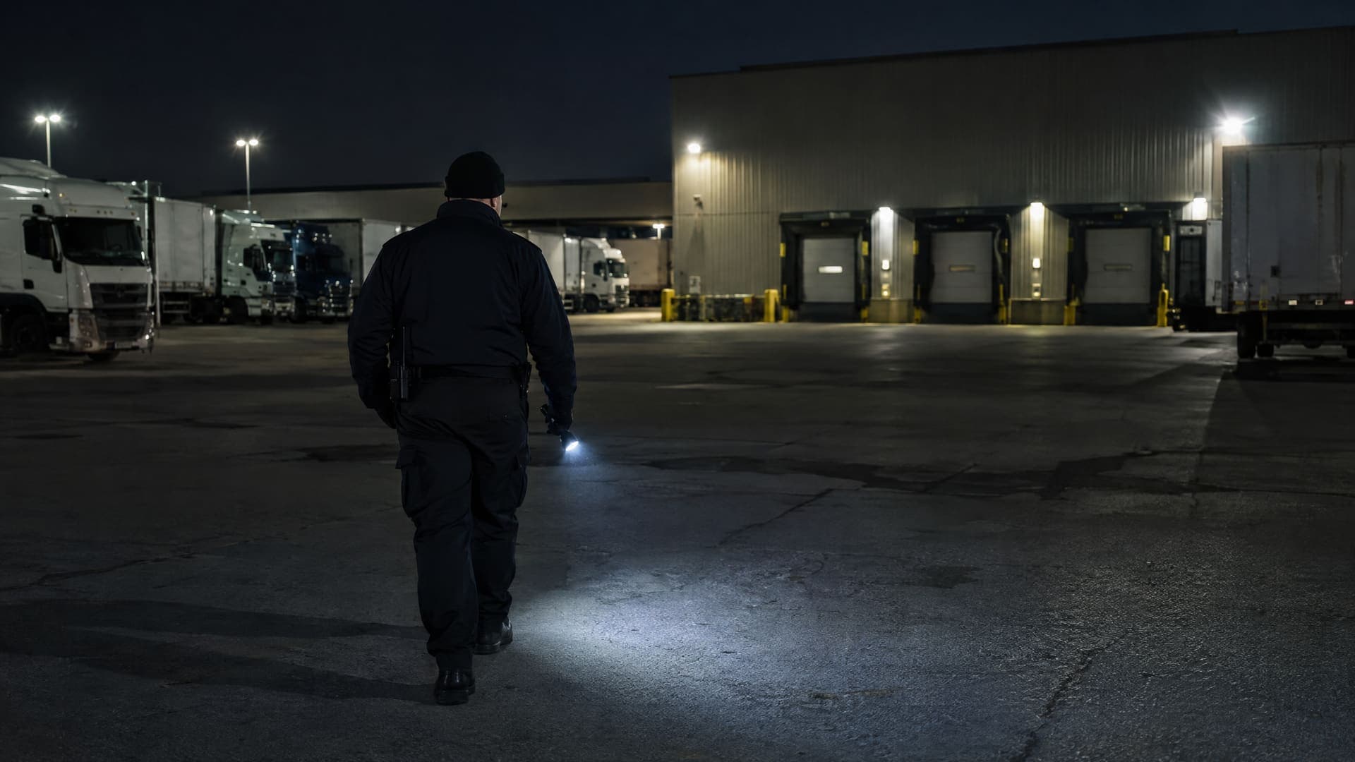 Sicherheitsmitarbeiter von hinten auf einem Gewerbehof bei Nacht mit Taschenlampe, im Hintergrund Lkw und Lagerhalle