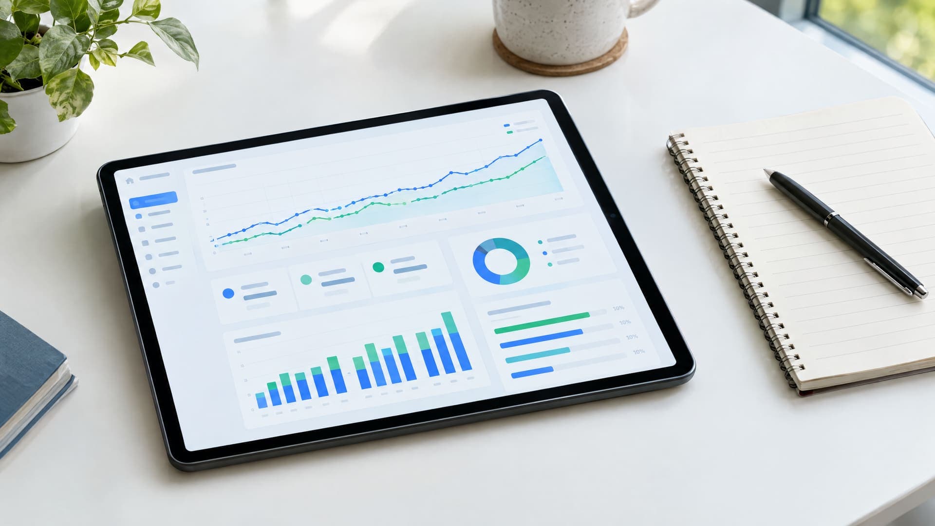 Tablet mit Kampagnen-Dashboard aus ansteigender Linie und Budgetbalken neben einem Notizbuch