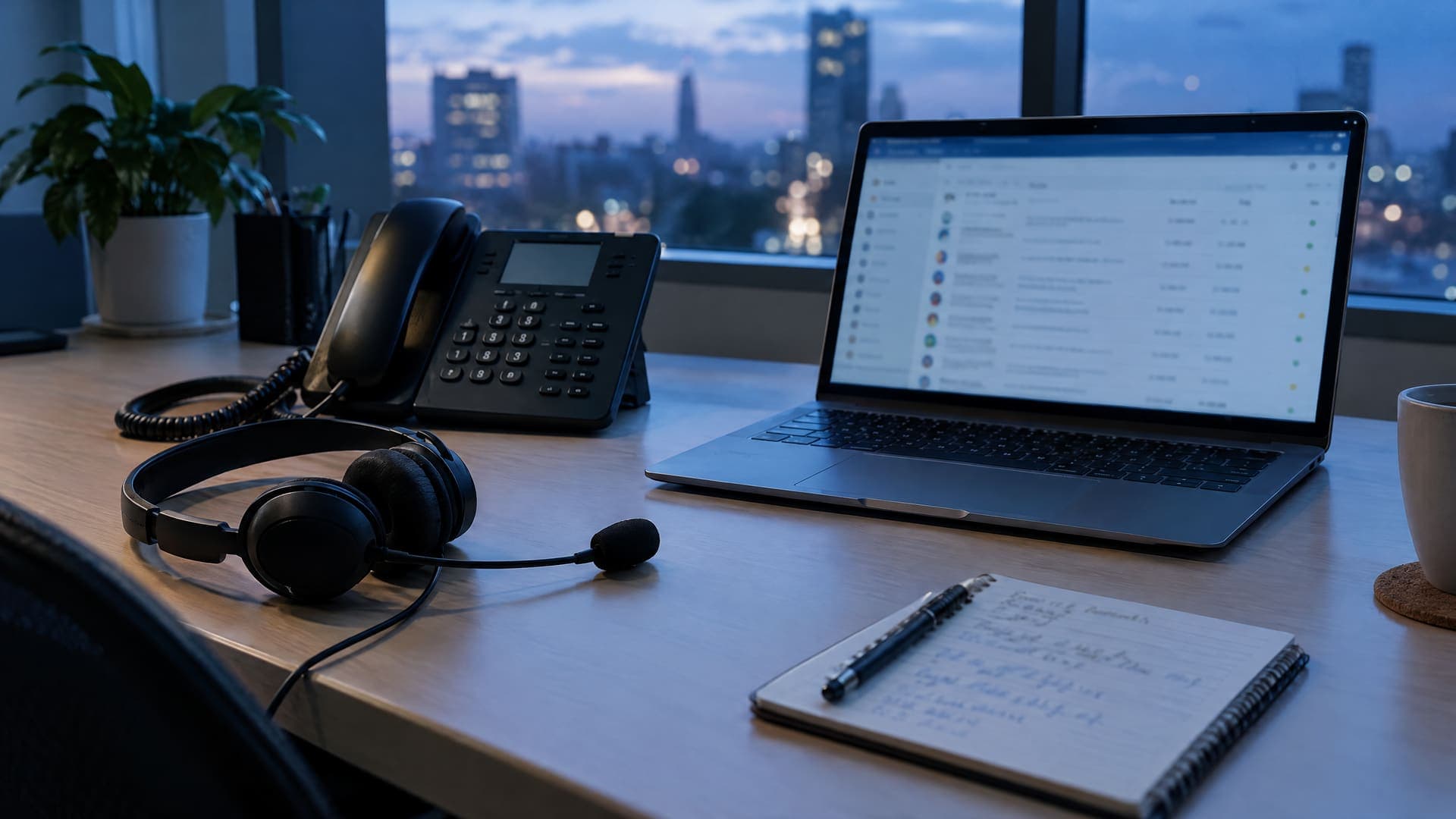 Schreibtisch mit Headset, Telefon und Laptop mit einer Liste eingehender Anfragen am Abend