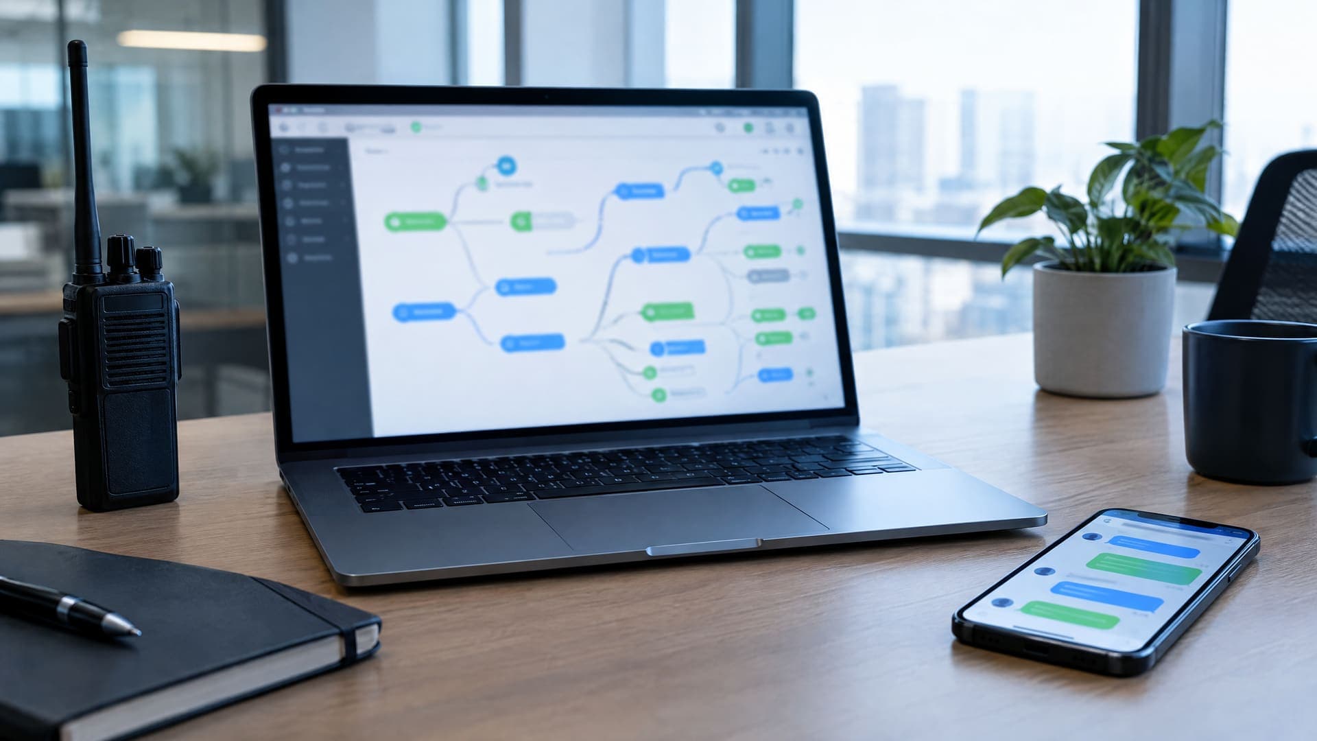 Schreibtisch mit Laptop, der ein Ablaufdiagramm zeigt, Smartphone mit Nachrichten und einem Funkgerät am Rand