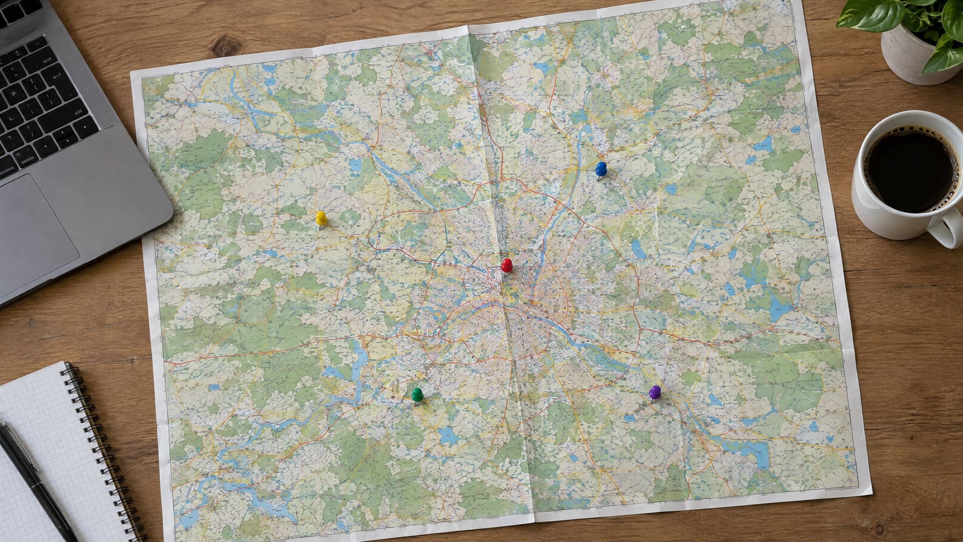 Papierkarte von Berlin und Brandenburg mit fünf farbigen Pins, daneben Laptop und Kaffeetasse