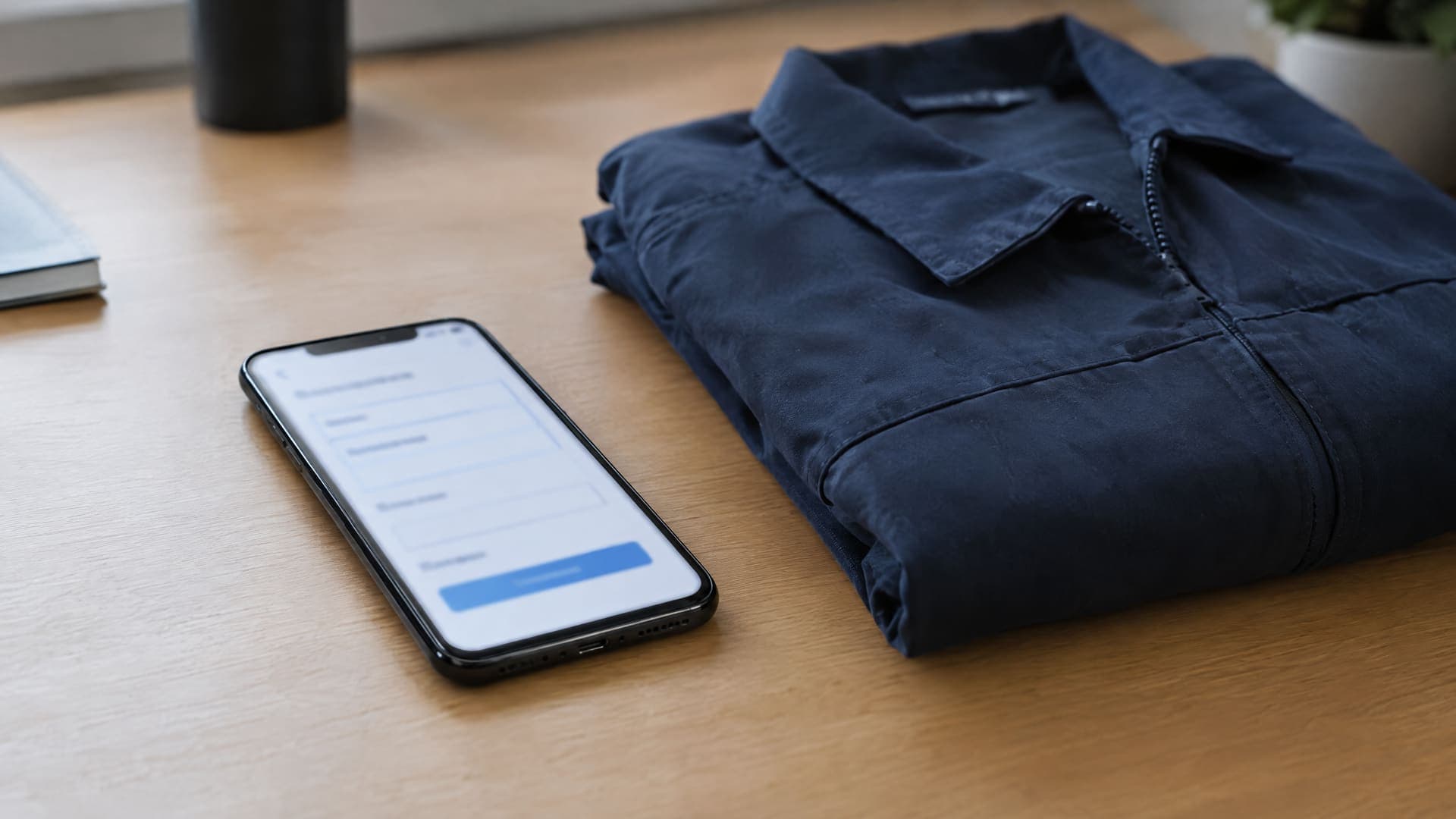 Smartphone mit einfachem Bewerbungsformular neben einer ordentlich gefalteten dunkelblauen Arbeitsjacke auf einem Holztisch