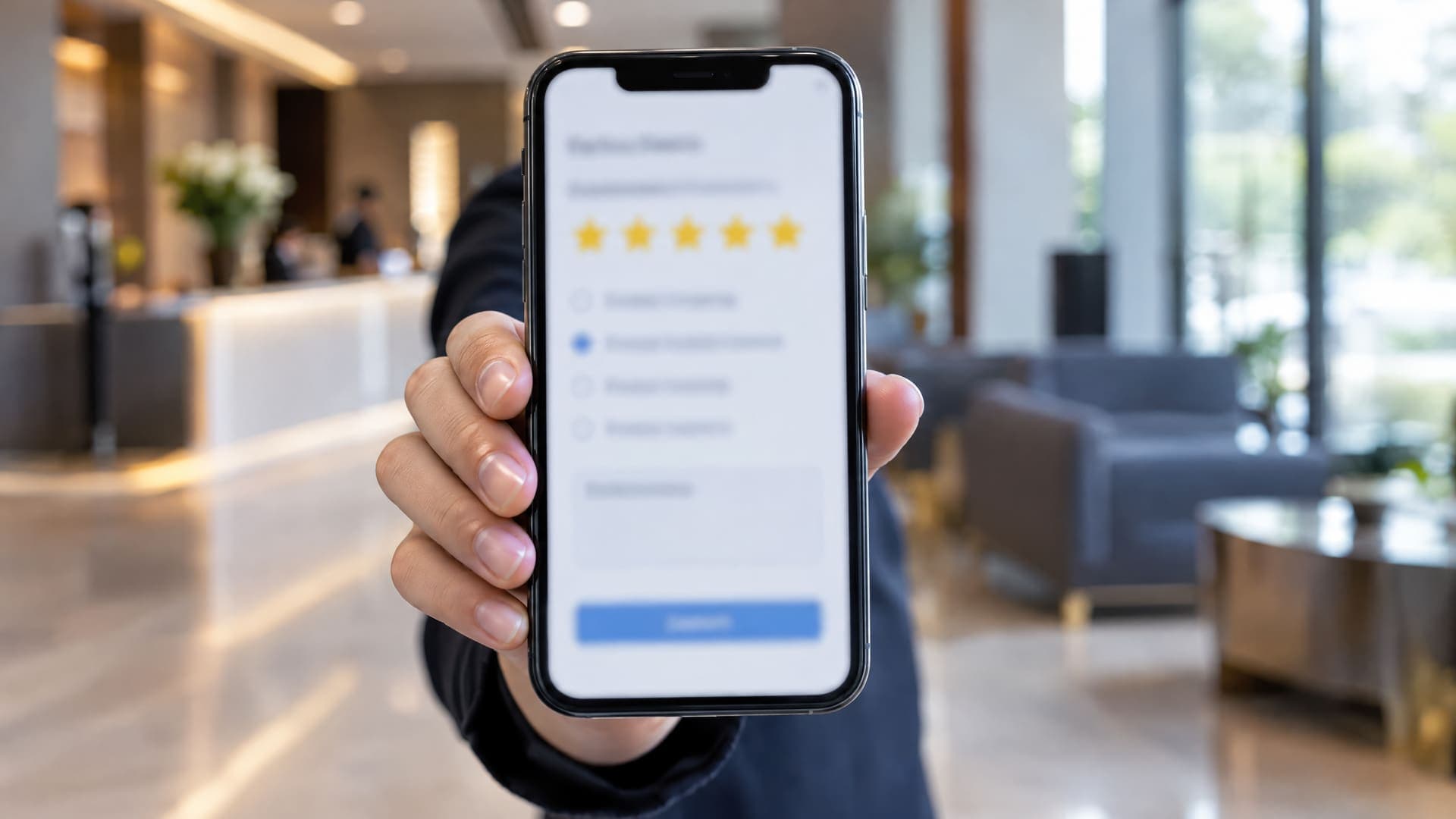 Hand hält ein Smartphone mit Bewertungsformular und fünf Sternen in einer Eingangshalle