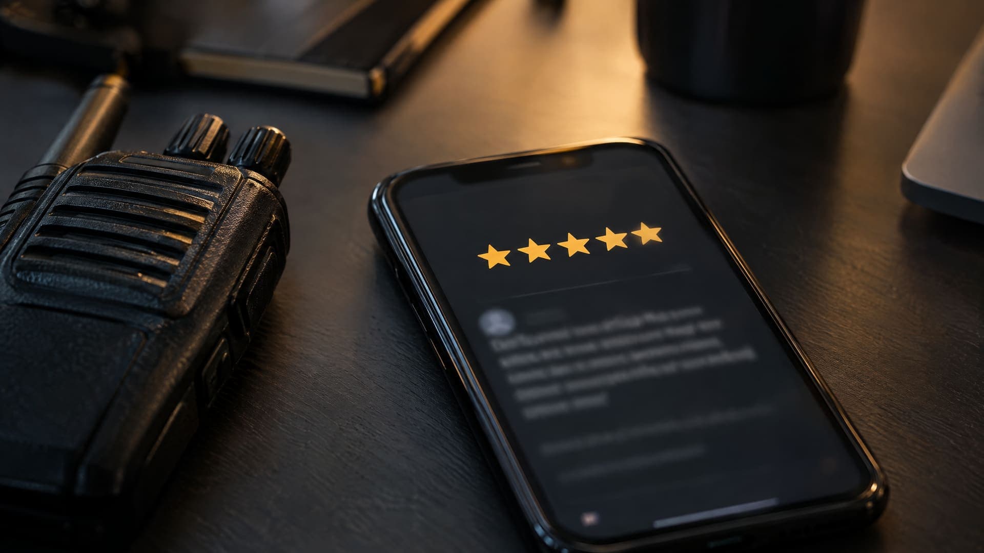 Smartphone mit fünf Sternen einer Bewertung neben einem Funkgerät auf einem dunklen Tisch