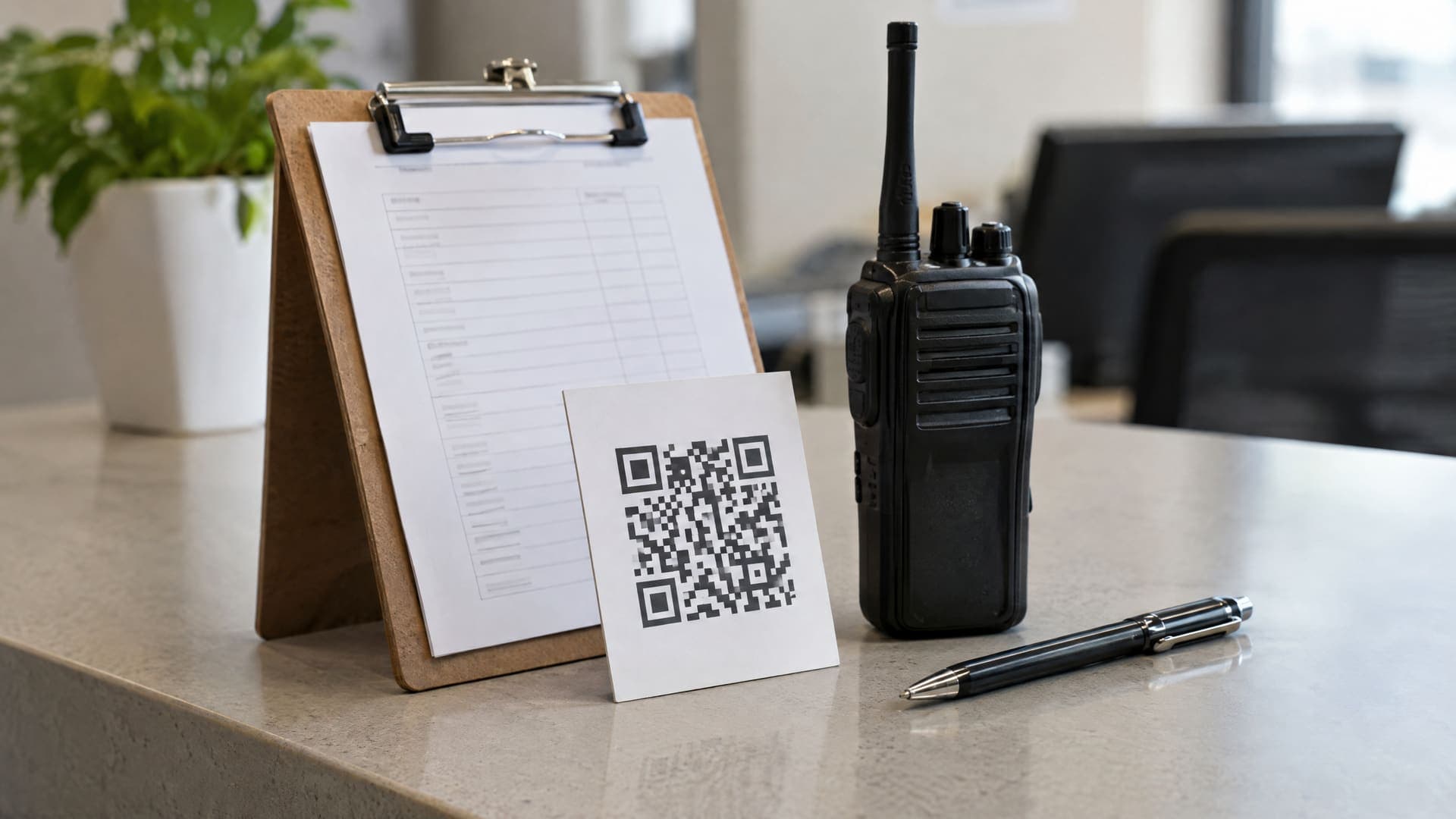 Kleine Karte mit QR-Code vor einem Klemmbrett auf einem Empfangstresen, daneben Funkgerät und Stift