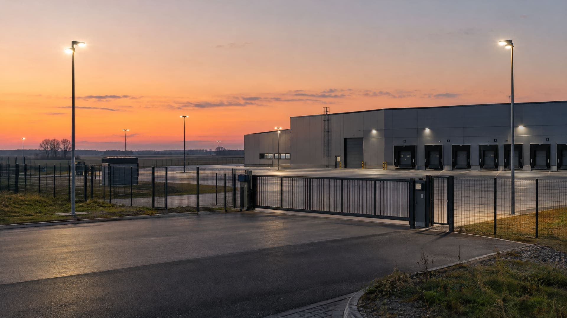 Gewerbegebiet in Brandenburg in der Dämmerung mit Lagerhalle, beleuchteter Einfahrt und leerem Hof