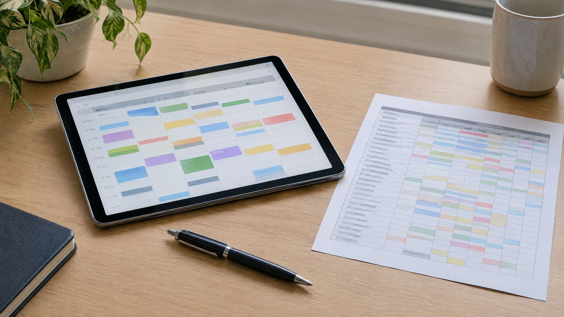 Tablet mit Wochenraster aus farbigen Blöcken und ausgedrucktem Dienstplan neben einem Stift auf einem Schreibtisch